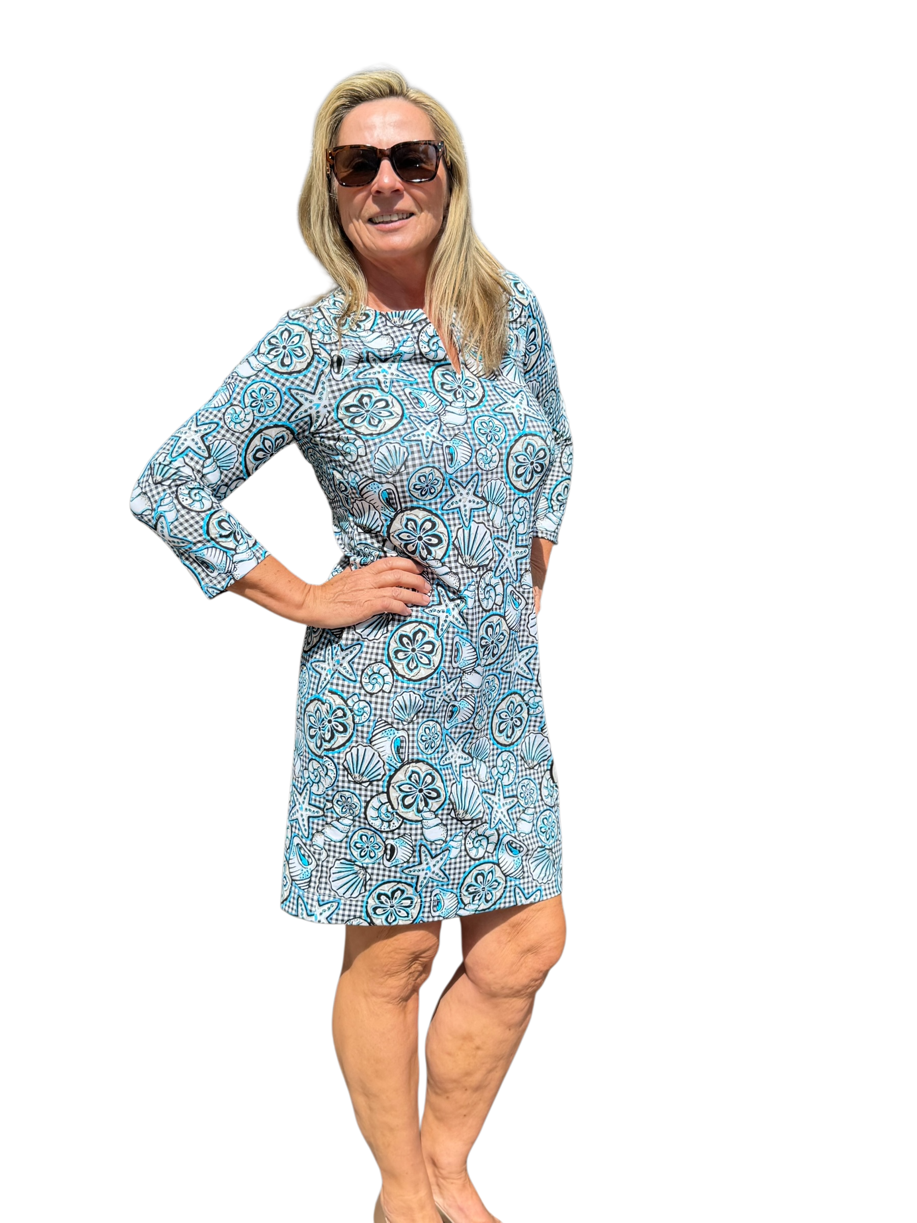 Notched V - Neck Travel Dress with UPF50+ Ocean Shells Black - Back of the Bay Boutique
