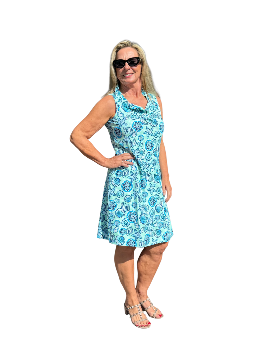 Ruffle - Neck Dress with UPF50+ Ocean Shells Blue - Back of the Bay Boutique
