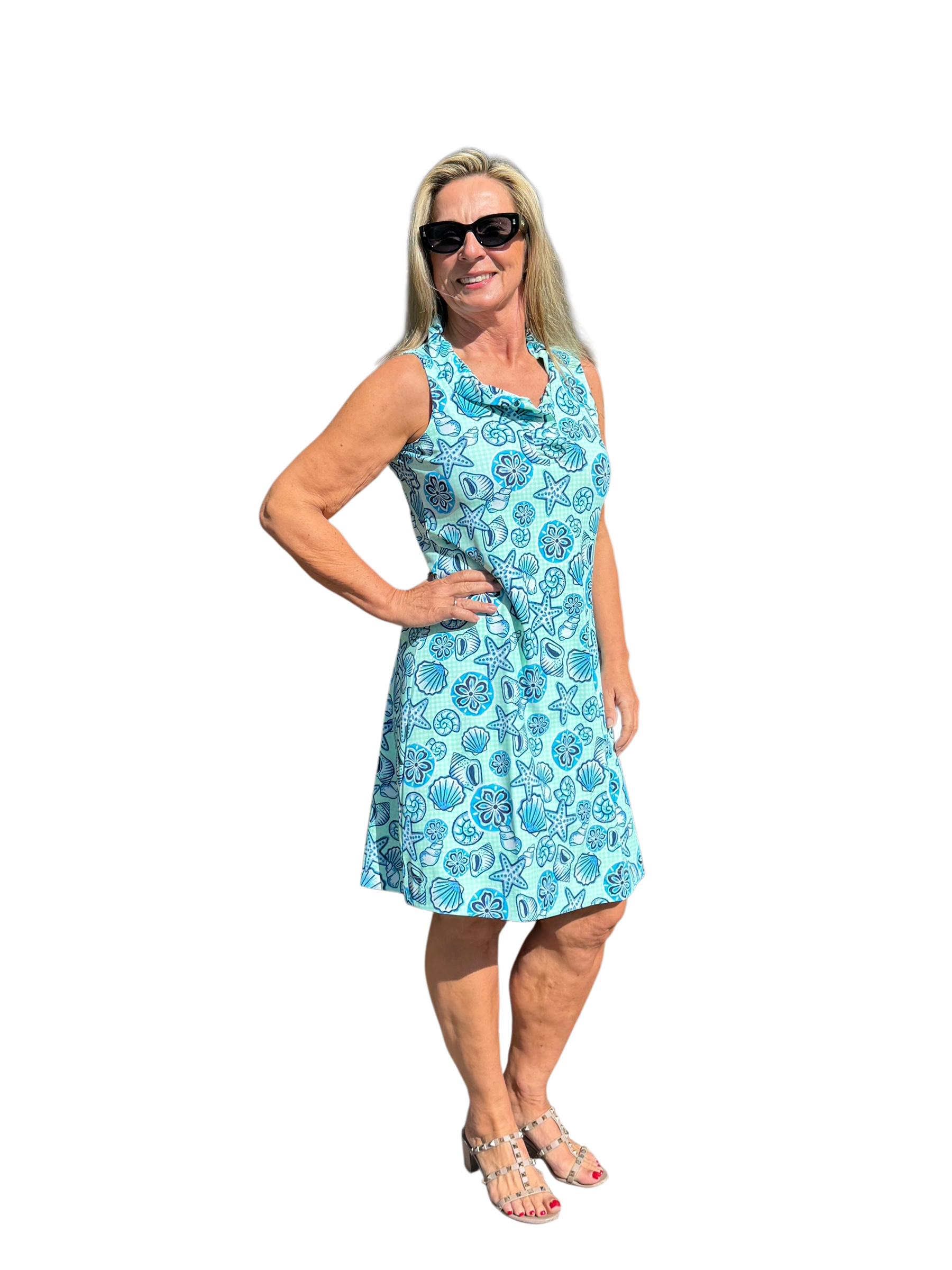 Ruffle - Neck Dress with UPF50+ Ocean Shells Blue - Back of the Bay Boutique