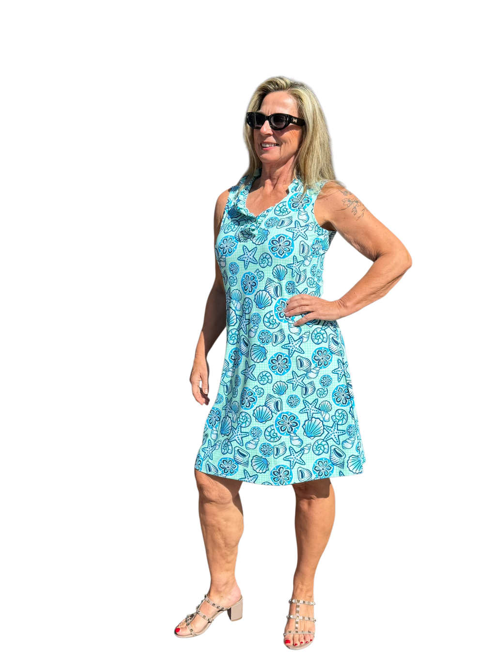Ruffle - Neck Dress with UPF50+ Ocean Shells Blue - Back of the Bay Boutique
