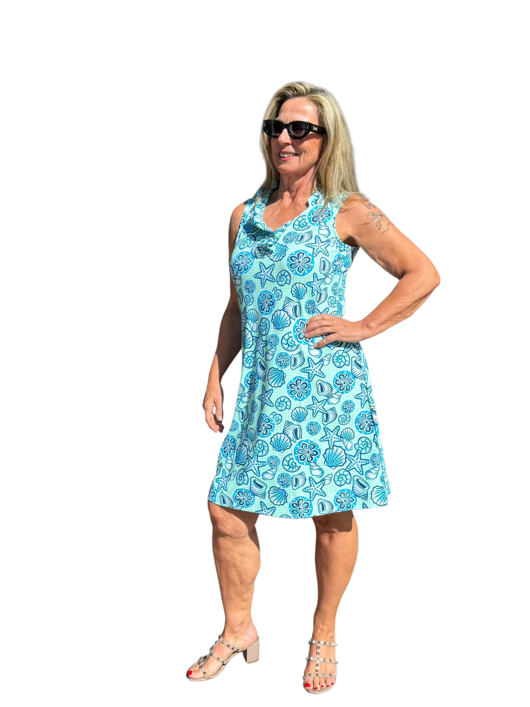 Ruffle - Neck Dress with UPF50+ Ocean Shells Blue - Back of the Bay Boutique