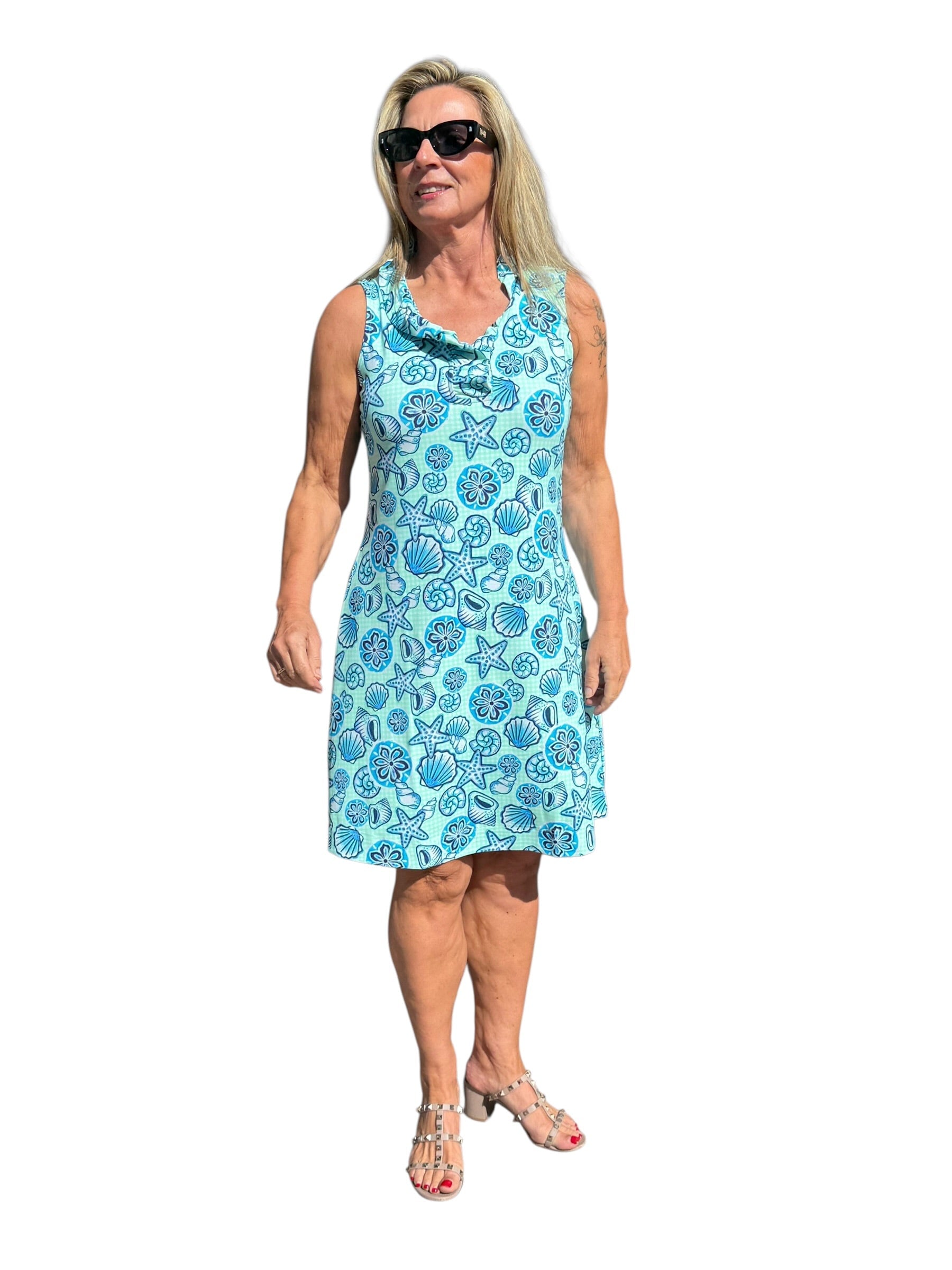 Ruffle - Neck Dress with UPF50+ Ocean Shells Blue - Back of the Bay Boutique