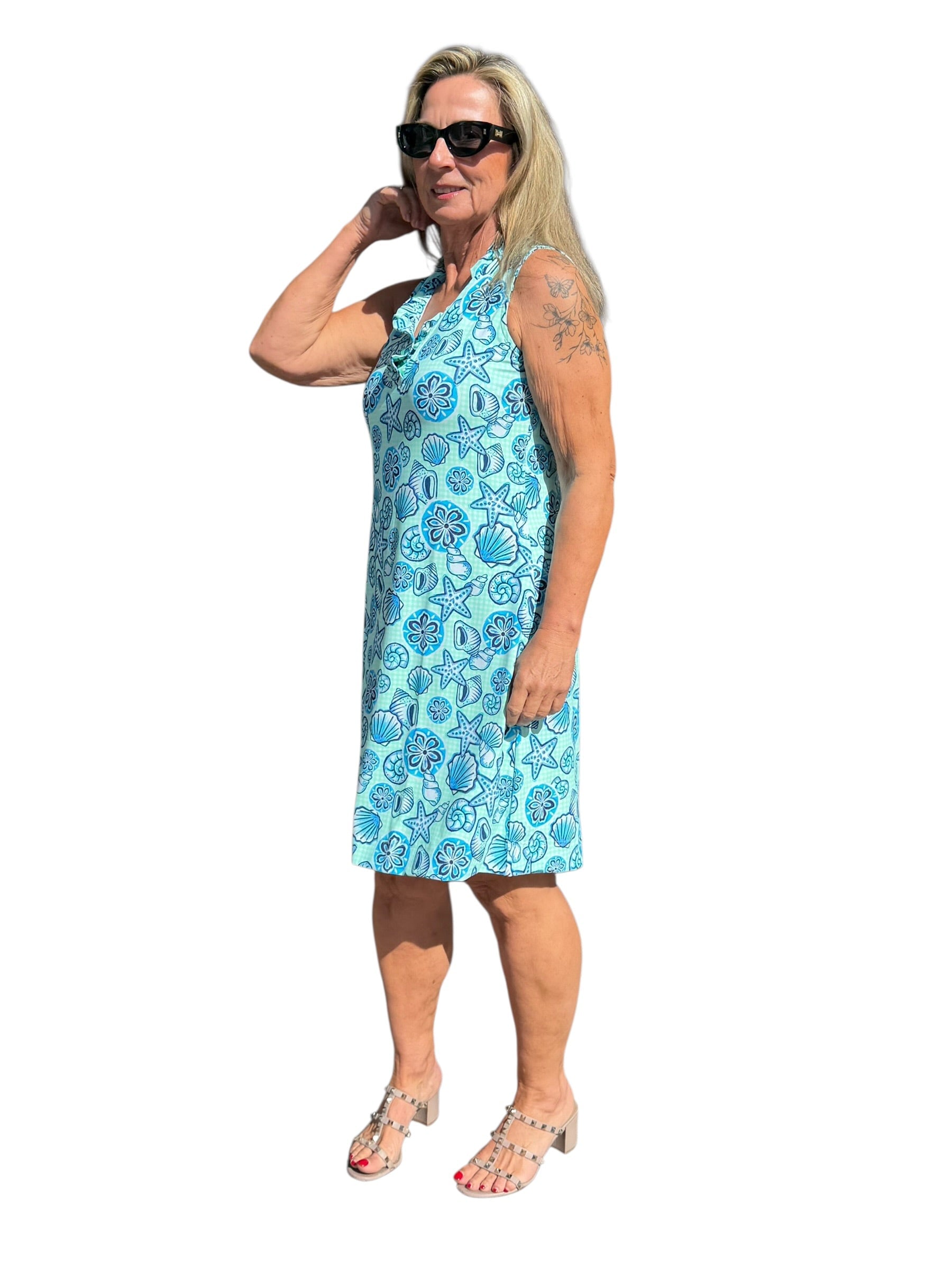 Ruffle - Neck Dress with UPF50+ Ocean Shells Blue - Back of the Bay Boutique