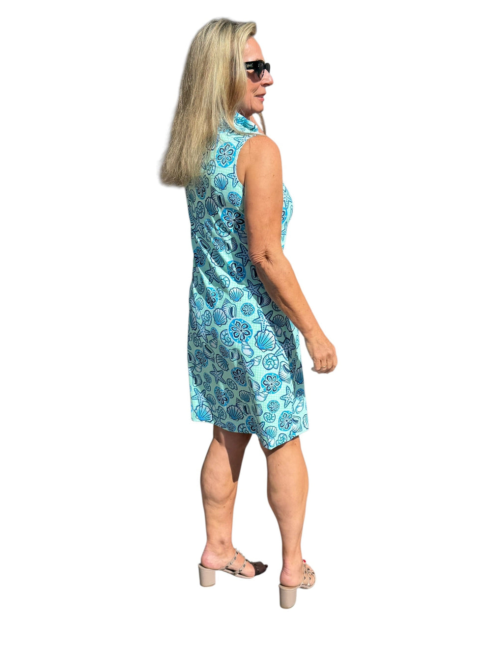 Ruffle - Neck Dress with UPF50+ Ocean Shells Blue - Back of the Bay Boutique