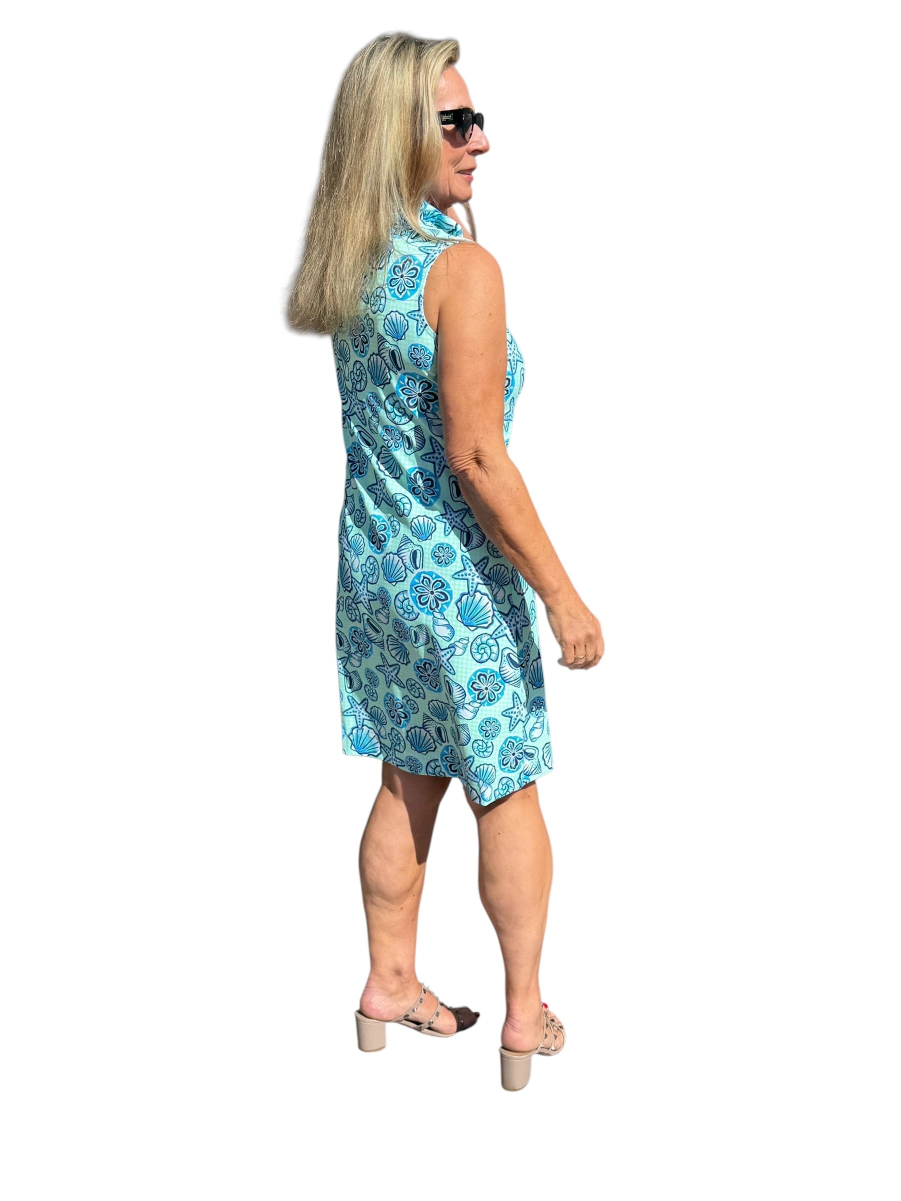 Ruffle - Neck Dress with UPF50+ Ocean Shells Blue - Back of the Bay Boutique