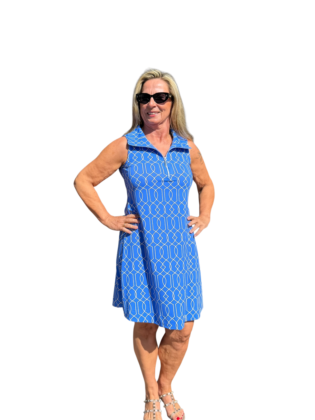Zipper Swing Dress with UPF50+ Geometric Lines Peri - Back of the Bay Boutique