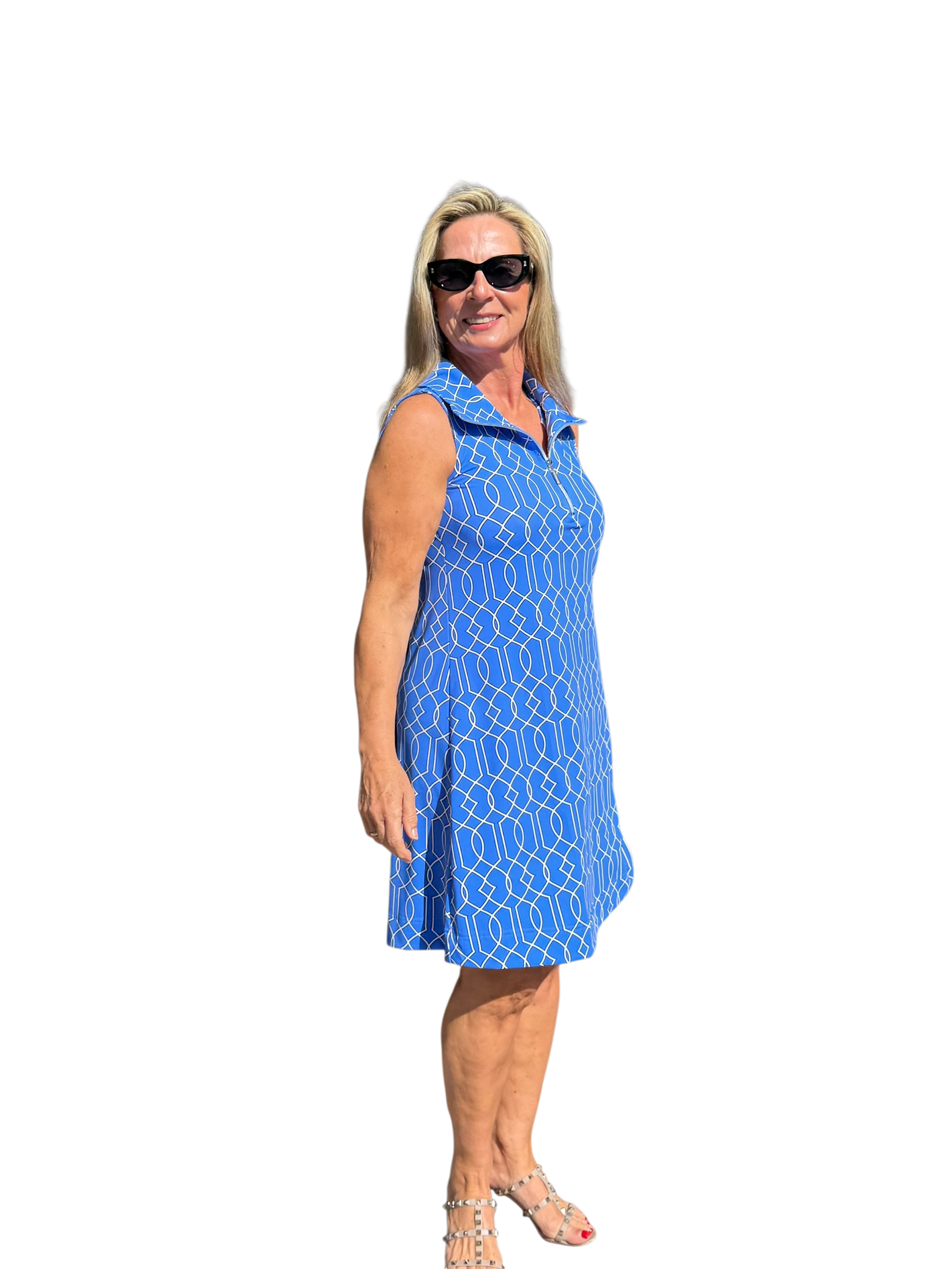 Zipper Swing Dress with UPF50+ Geometric Lines Peri - Back of the Bay Boutique