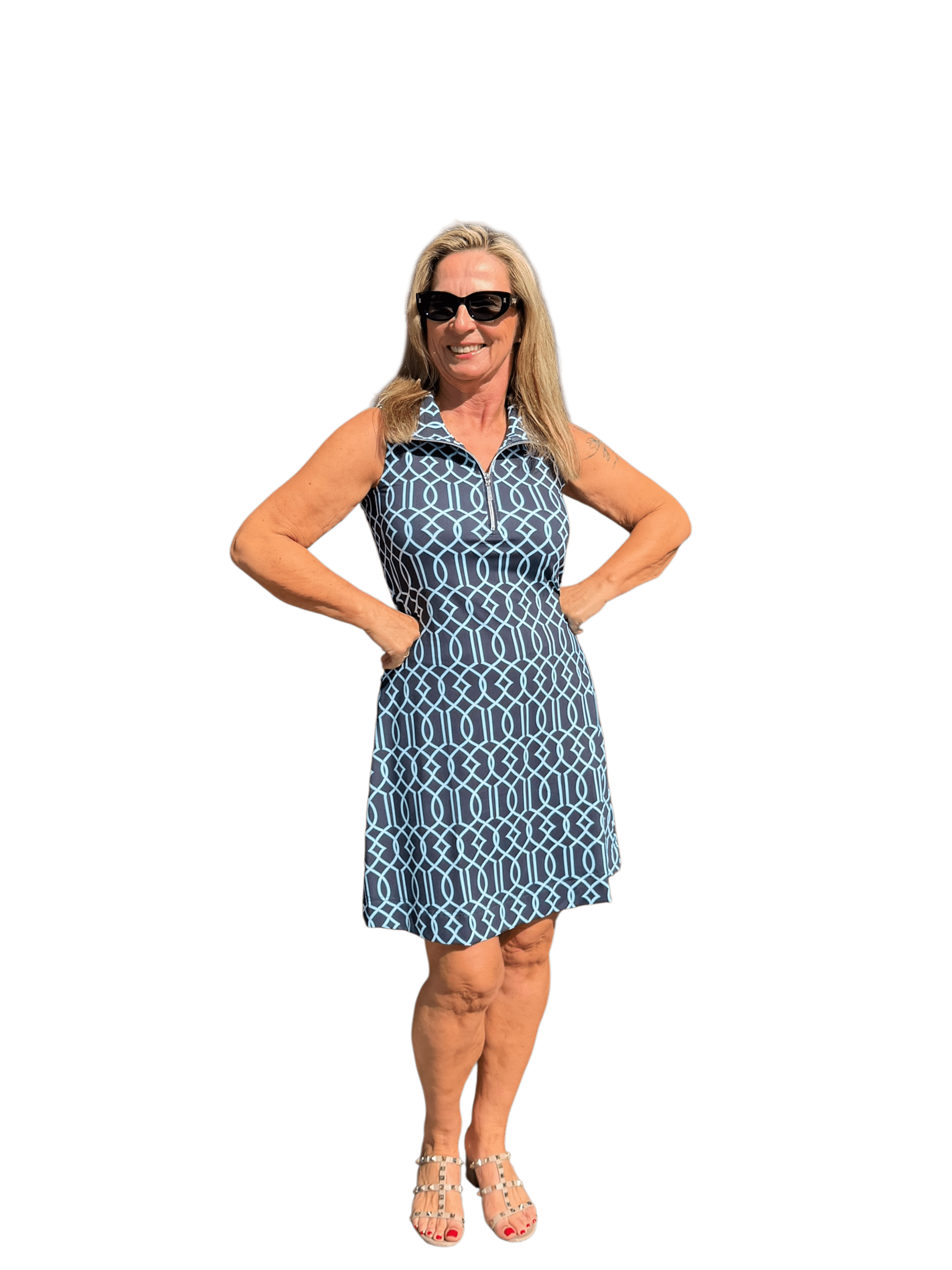 Zipper Swing Dress with UPF50+ Geometric Lines Navy - Back of the Bay Boutique