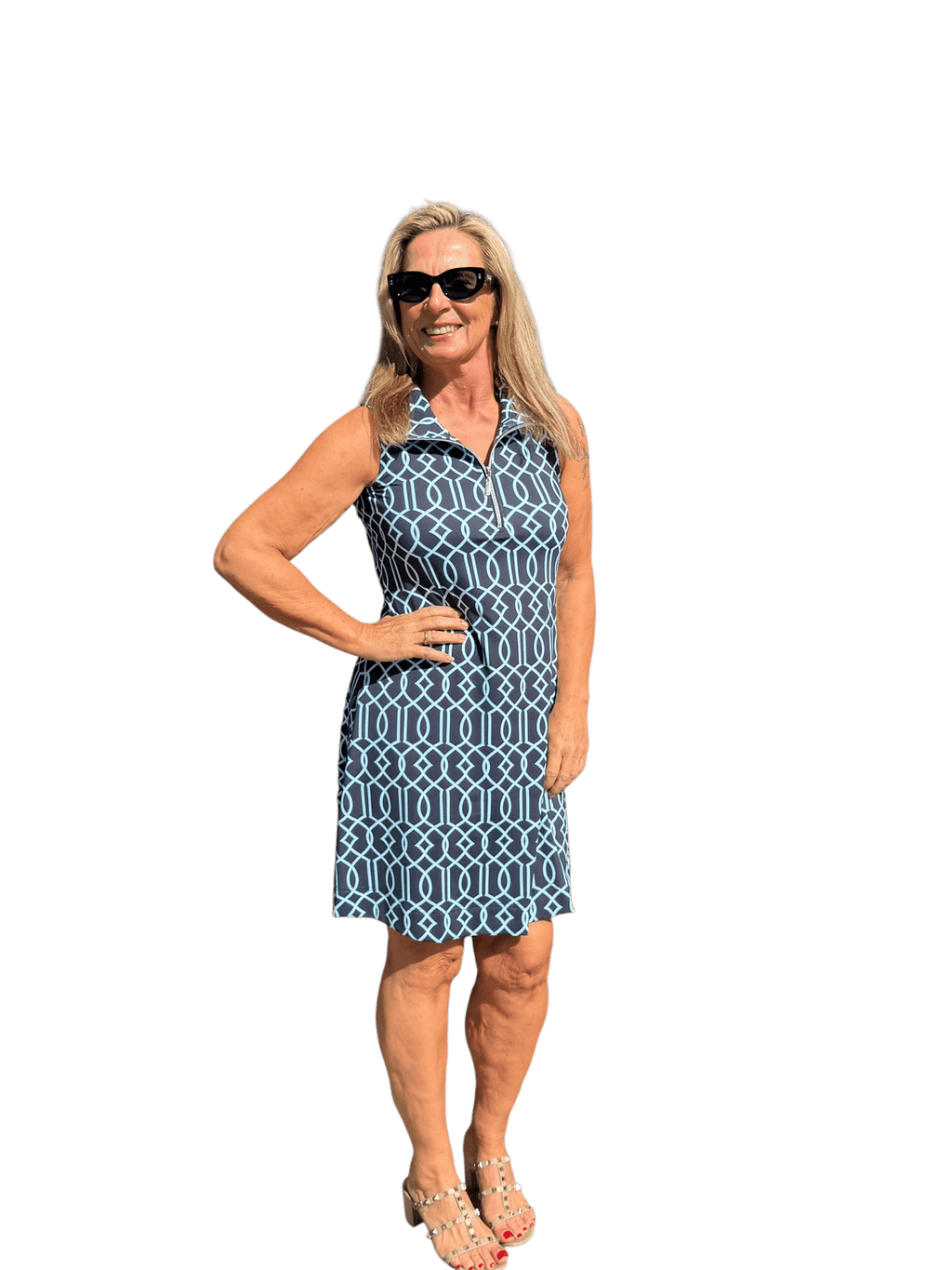 Zipper Swing Dress with UPF50+ Geometric Lines Navy - Back of the Bay Boutique