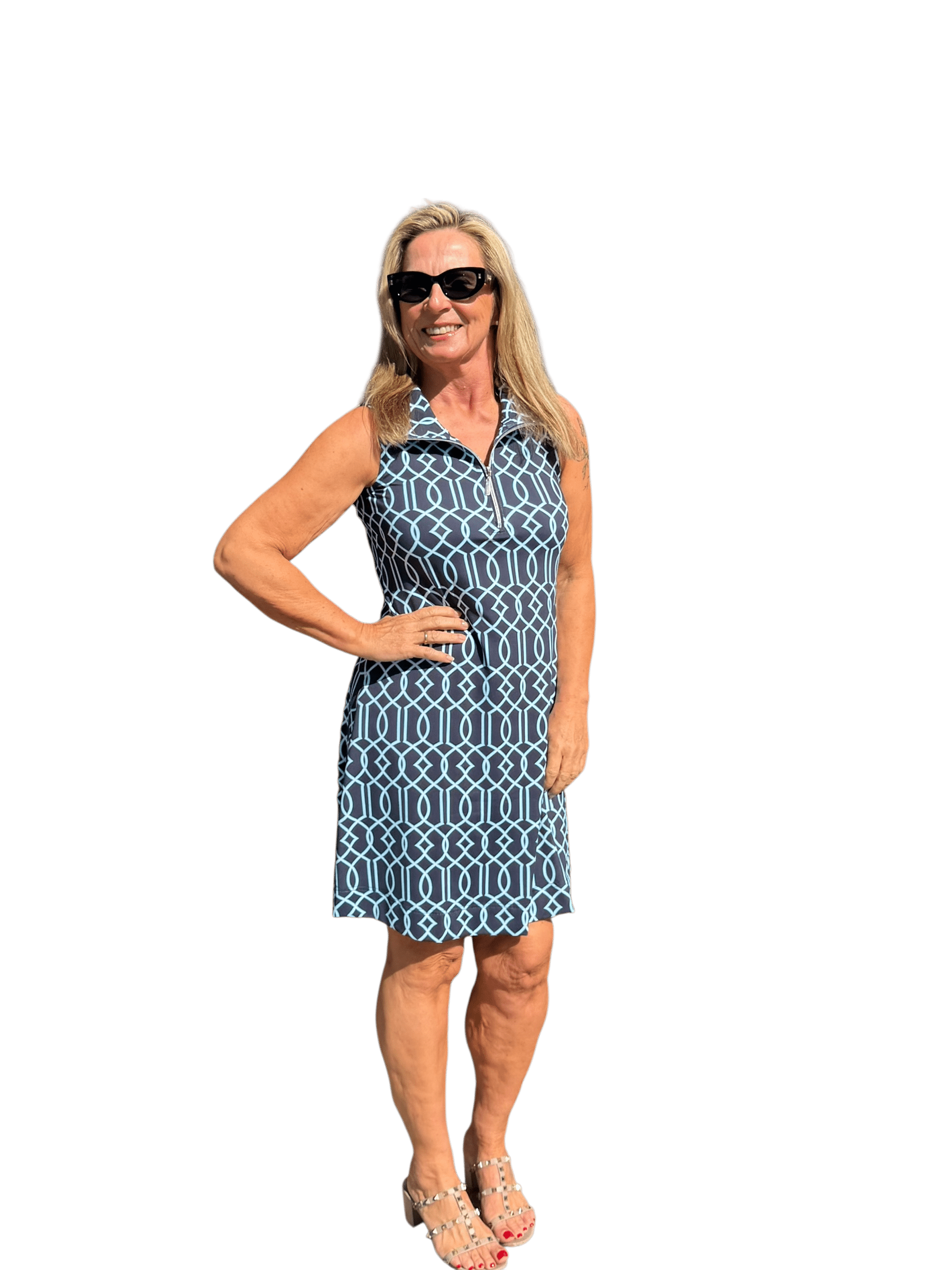 Zipper Swing Dress with UPF50+ Geometric Lines Navy - Back of the Bay Boutique