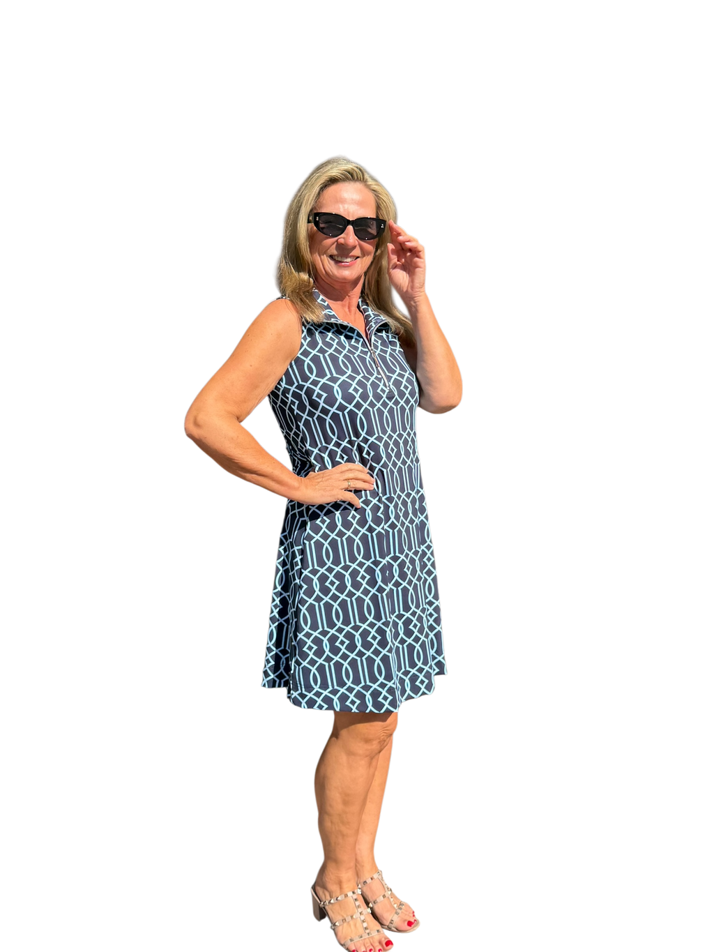 Zipper Swing Dress with UPF50+ Geometric Lines Navy - Back of the Bay Boutique