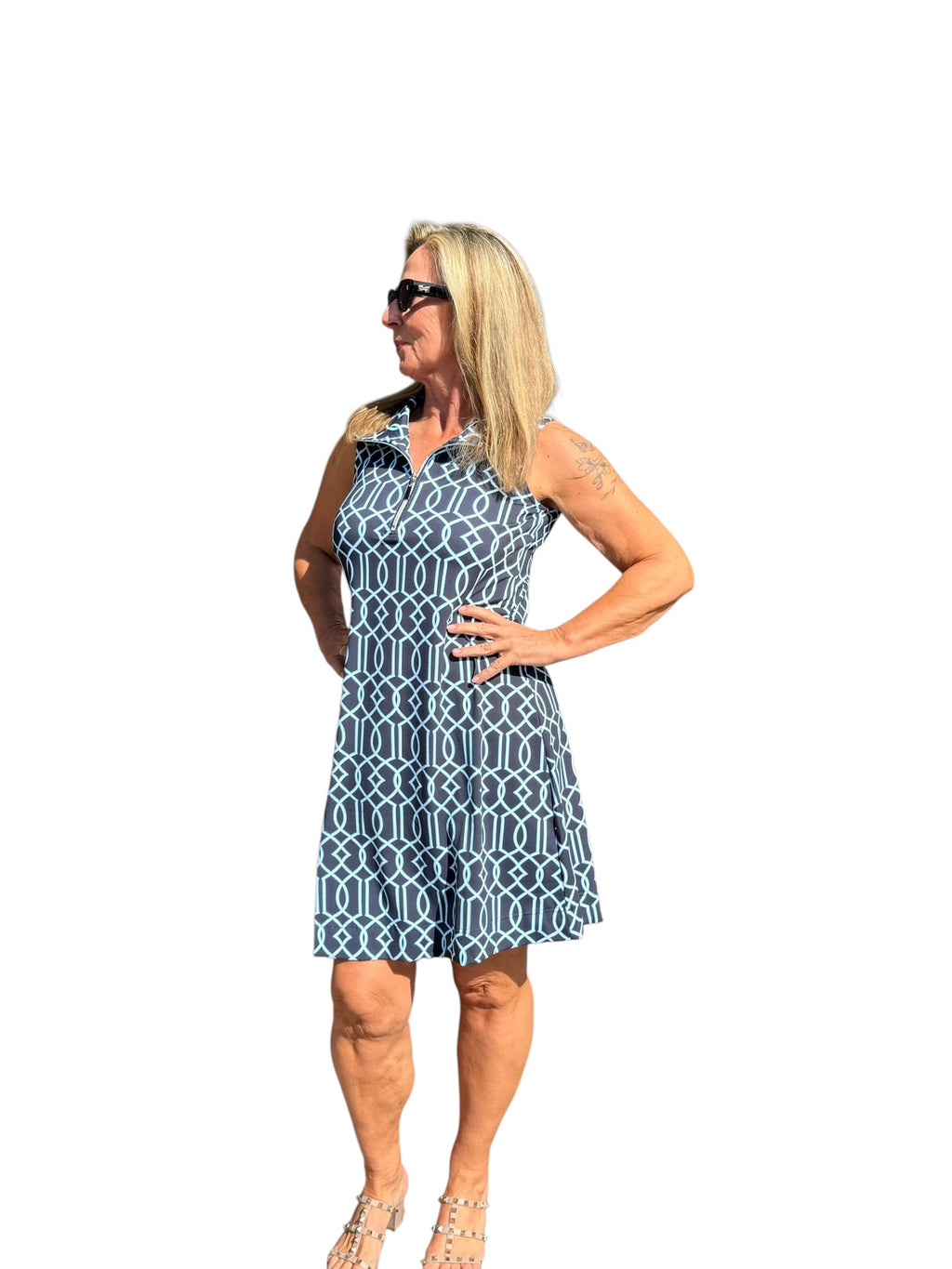 Zipper Swing Dress with UPF50+ Geometric Lines Navy - Back of the Bay Boutique