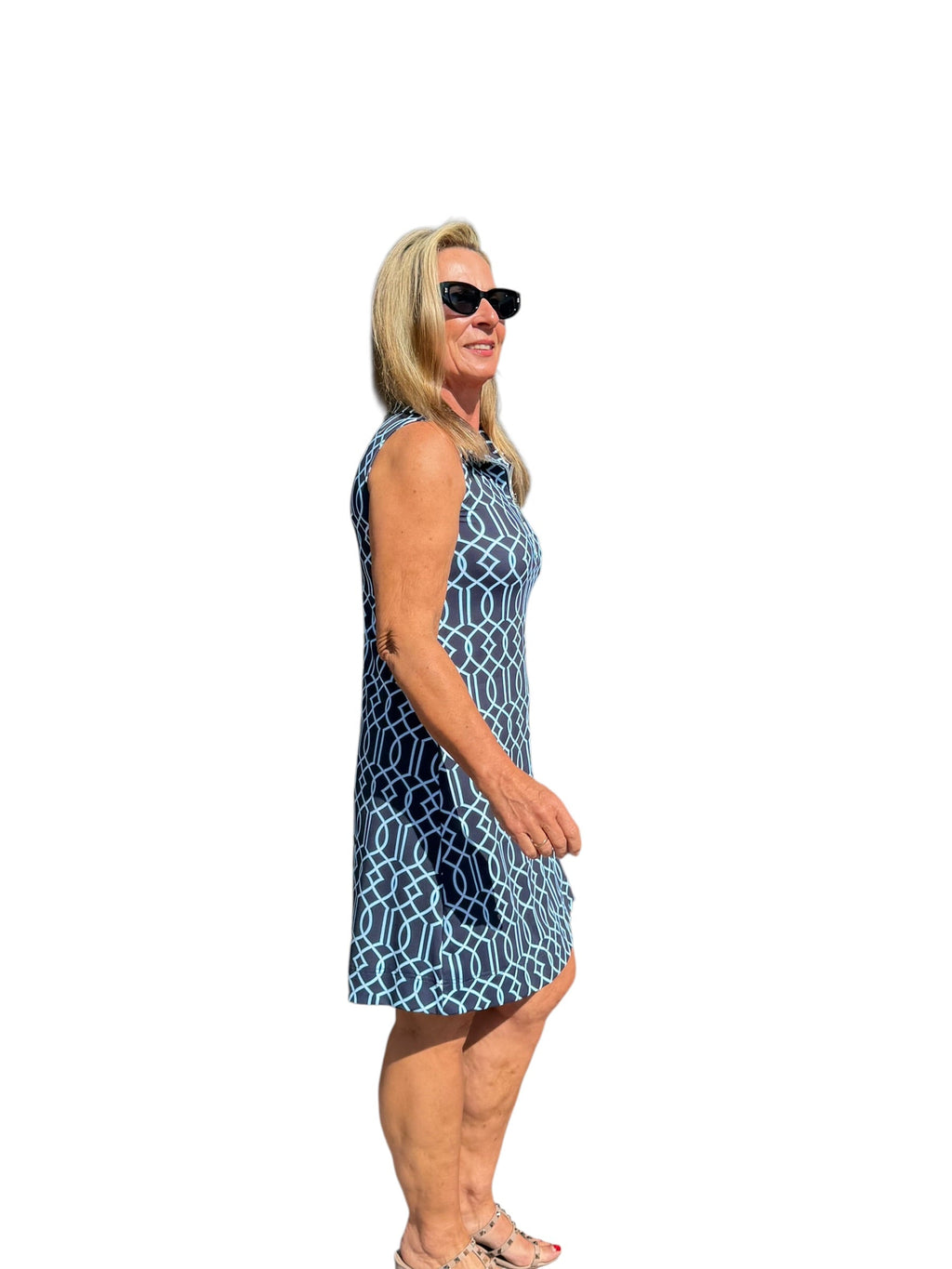 Zipper Swing Dress with UPF50+ Geometric Lines Navy - Back of the Bay Boutique