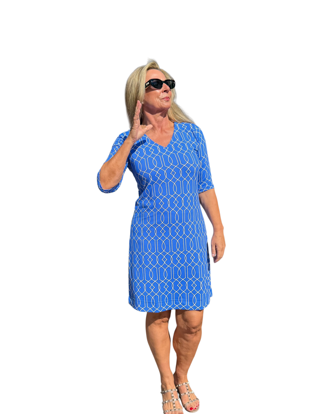 Elbow - Sleeve Travel Dress with UPF50+ Geometric Lines Peri - Back of the Bay Boutique