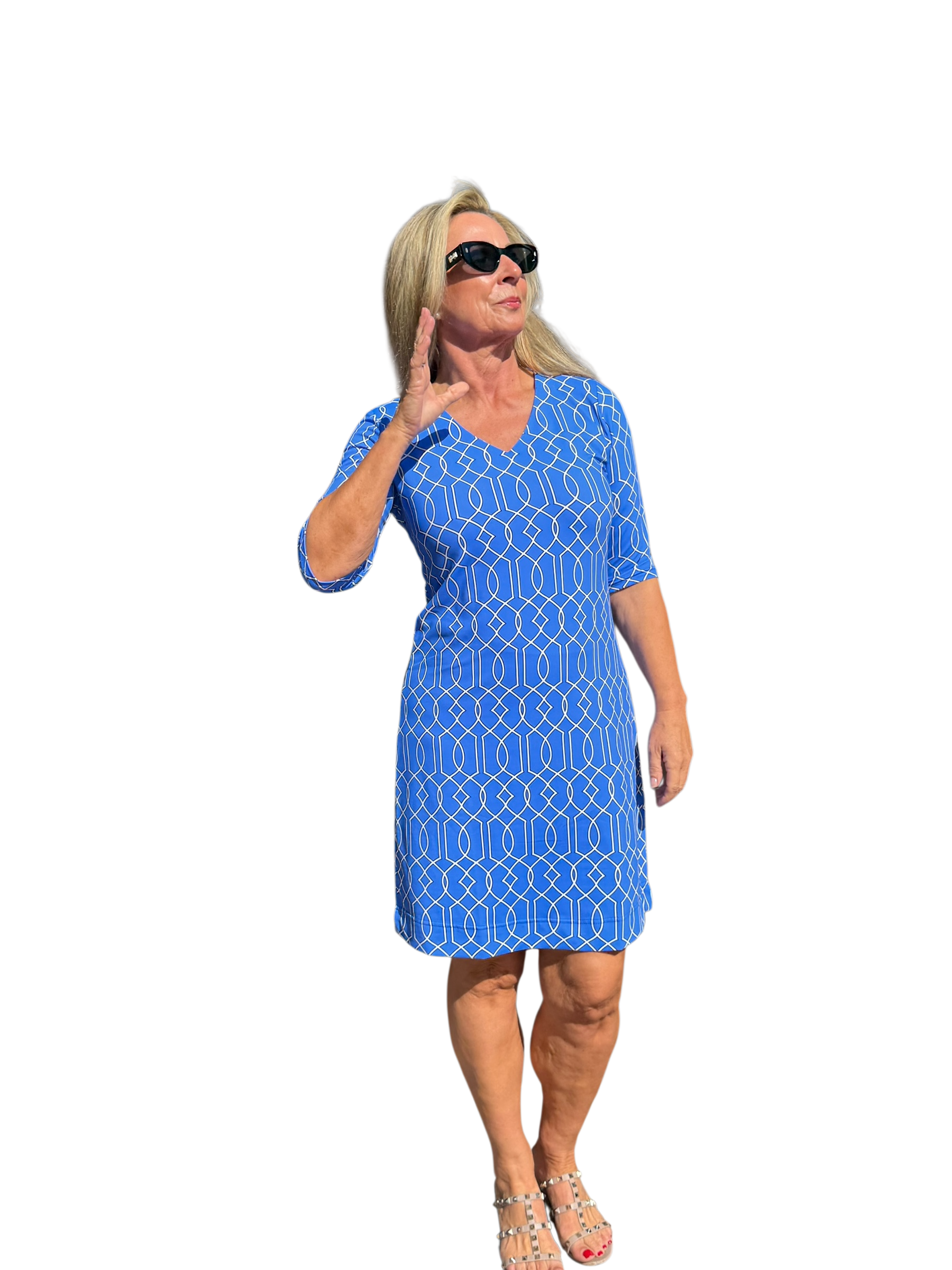Elbow - Sleeve Travel Dress with UPF50+ Geometric Lines Peri - Back of the Bay Boutique