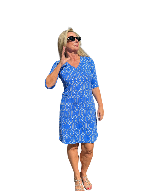 Elbow - Sleeve Travel Dress with UPF50+ Geometric Lines Peri - Back of the Bay Boutique