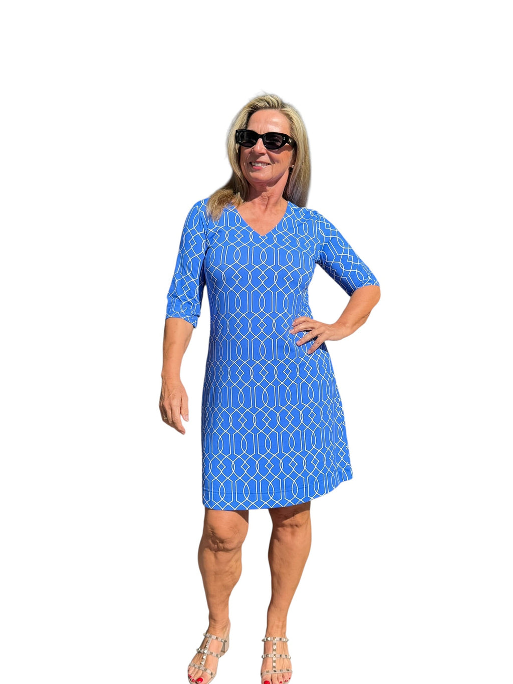 Elbow - Sleeve Travel Dress with UPF50+ Geometric Lines Peri - Back of the Bay Boutique