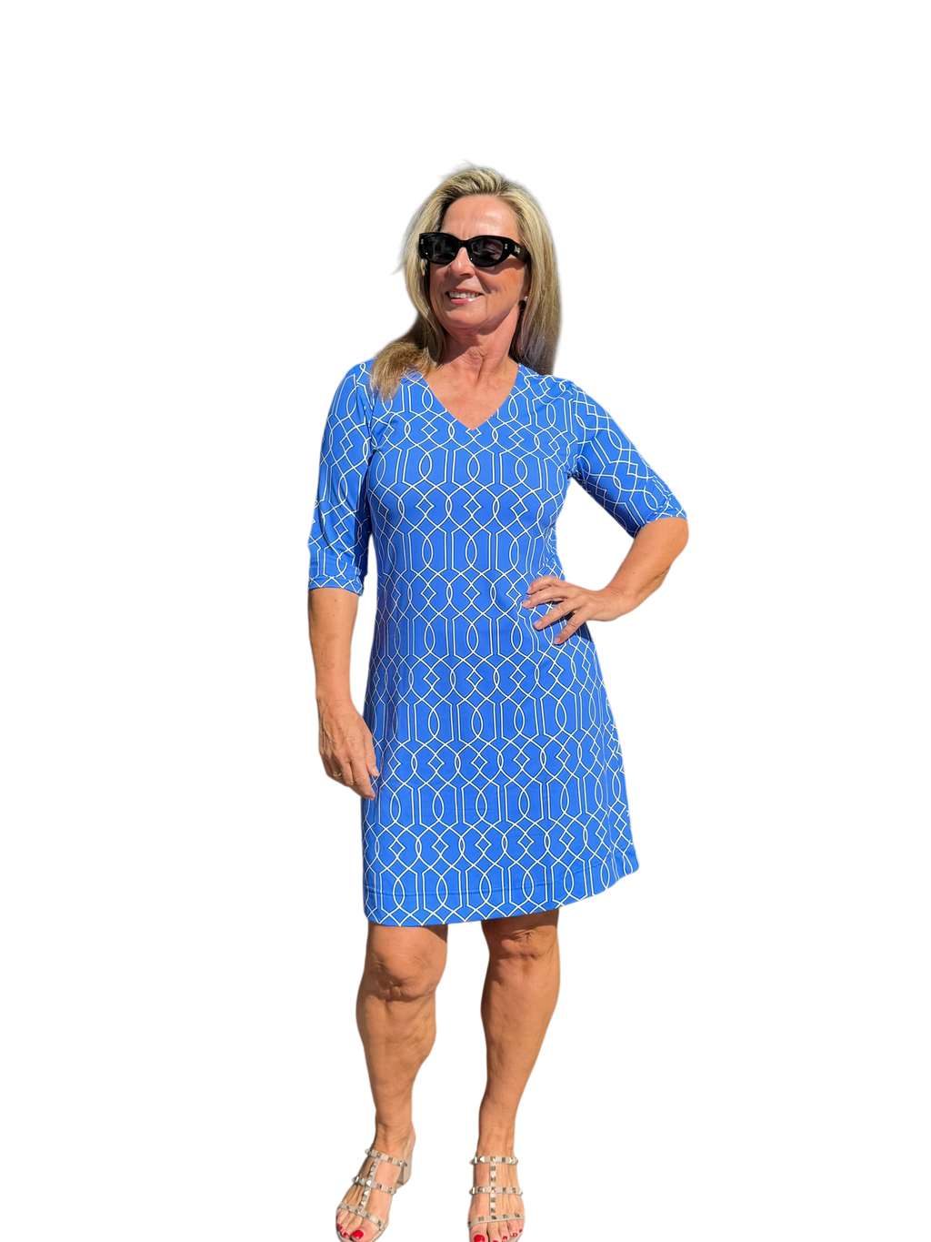 Elbow - Sleeve Travel Dress with UPF50+ Geometric Lines Peri - Back of the Bay Boutique