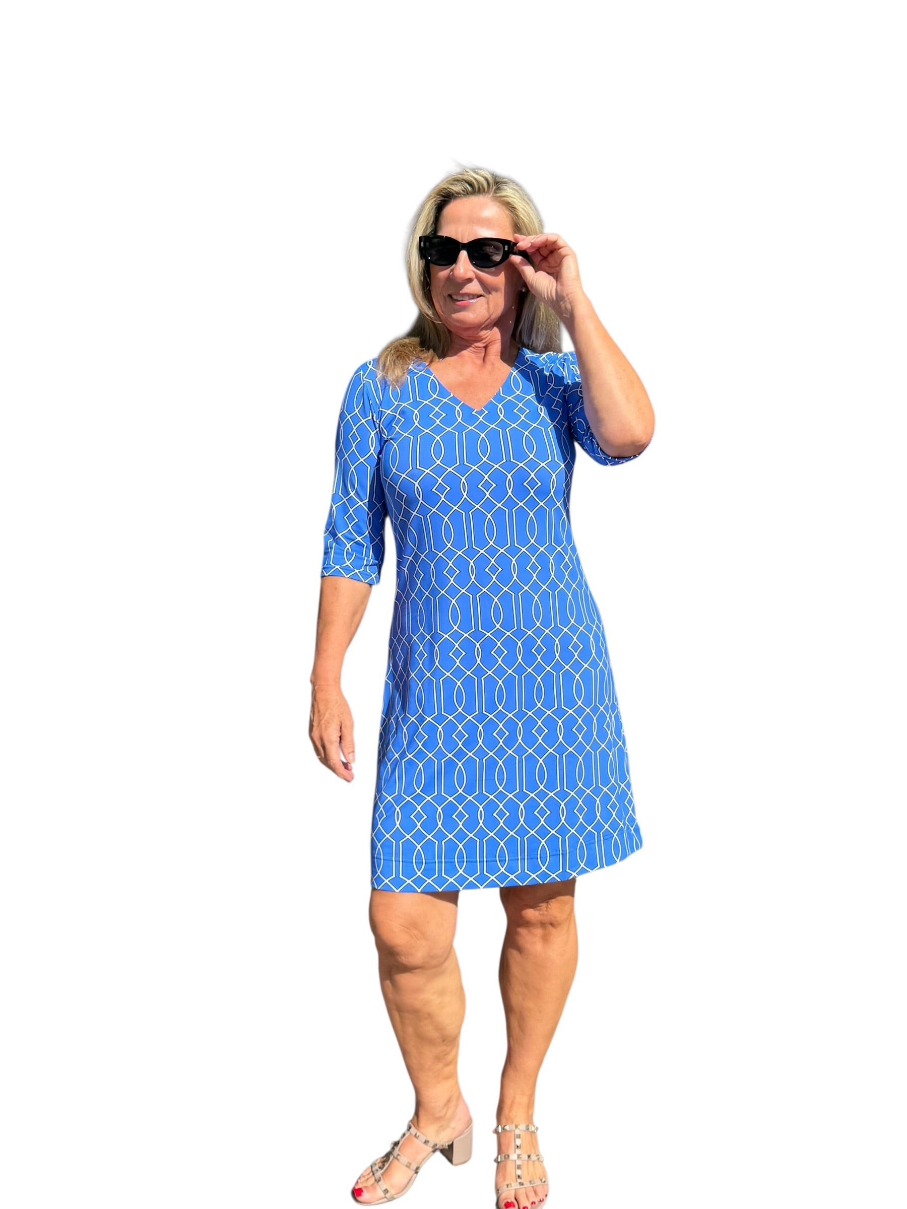Elbow - Sleeve Travel Dress with UPF50+ Geometric Lines Peri - Back of the Bay Boutique