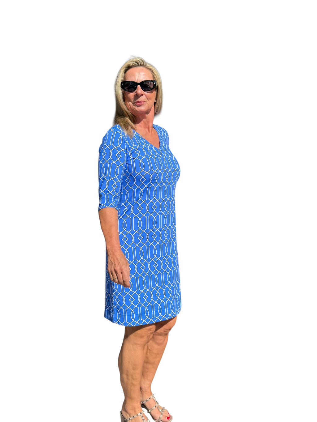 Elbow - Sleeve Travel Dress with UPF50+ Geometric Lines Peri - Back of the Bay Boutique