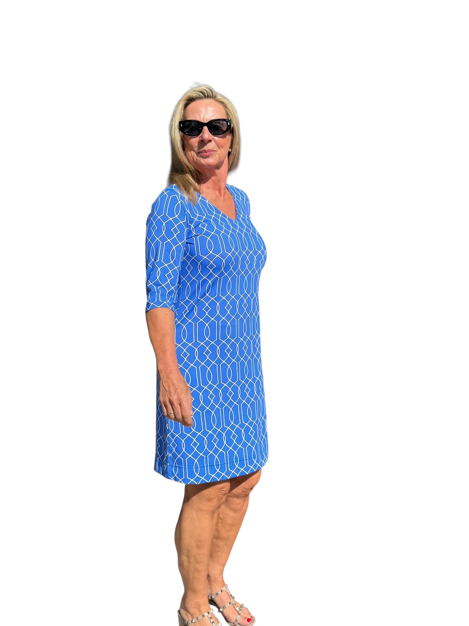 Elbow - Sleeve Travel Dress with UPF50+ Geometric Lines Peri - Back of the Bay Boutique