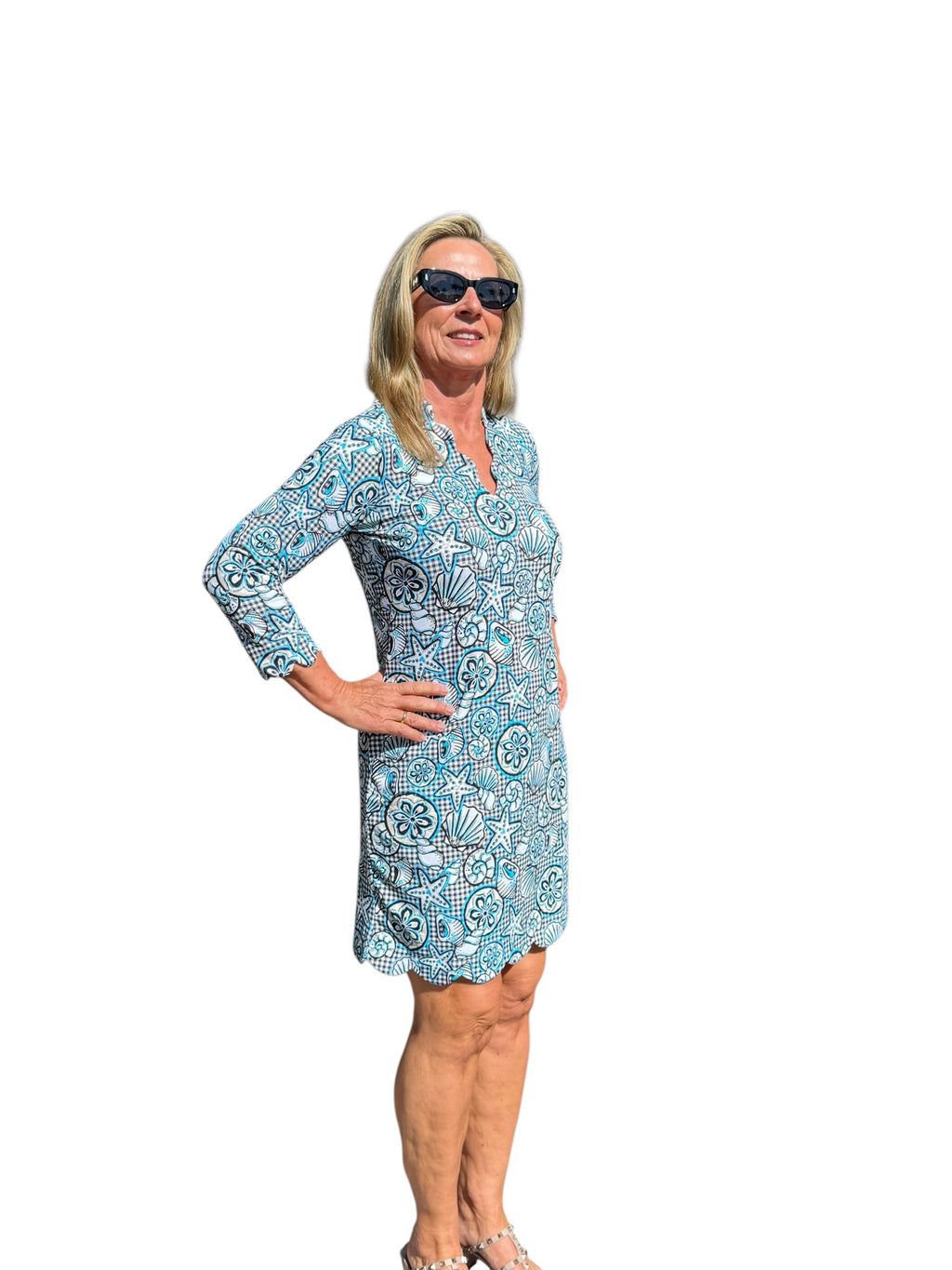 Scalloped 3/4 Sleeve Dress with UPF50+ Ocean Shells Black - Back of the Bay Boutique