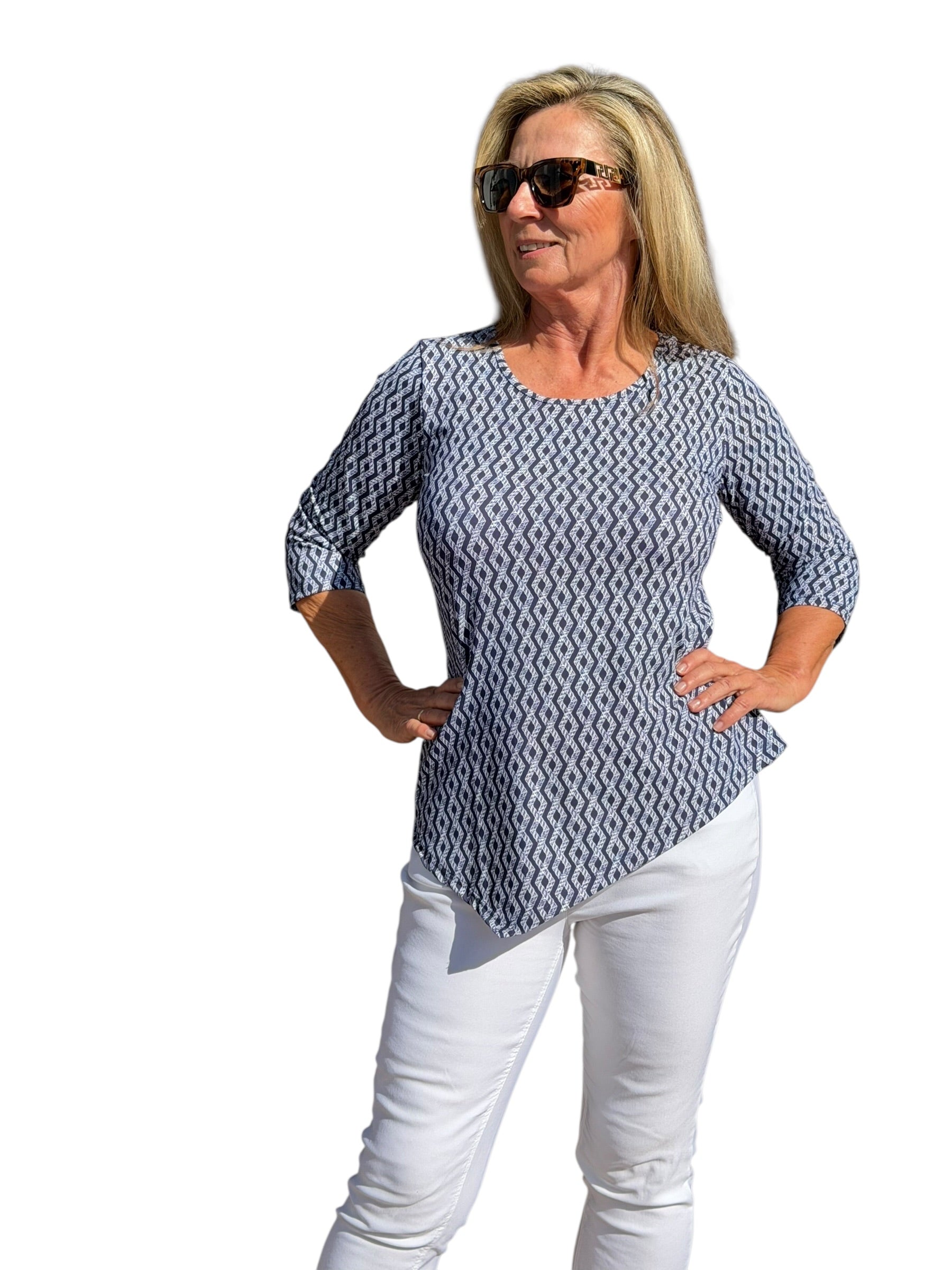 Asymmetrical Hemline Top with UPF50+ Nautical Ropes Navy - Back of the Bay Boutique