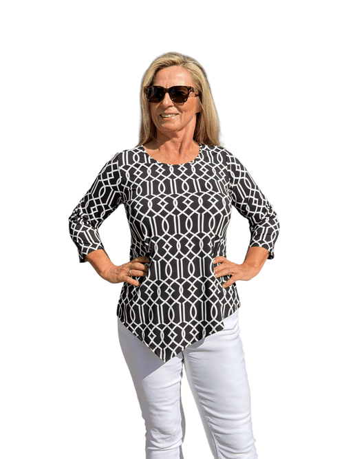 Asymmetrical Hemline Top with UPF50+ Geometric Lines Black - Back of the Bay Boutique