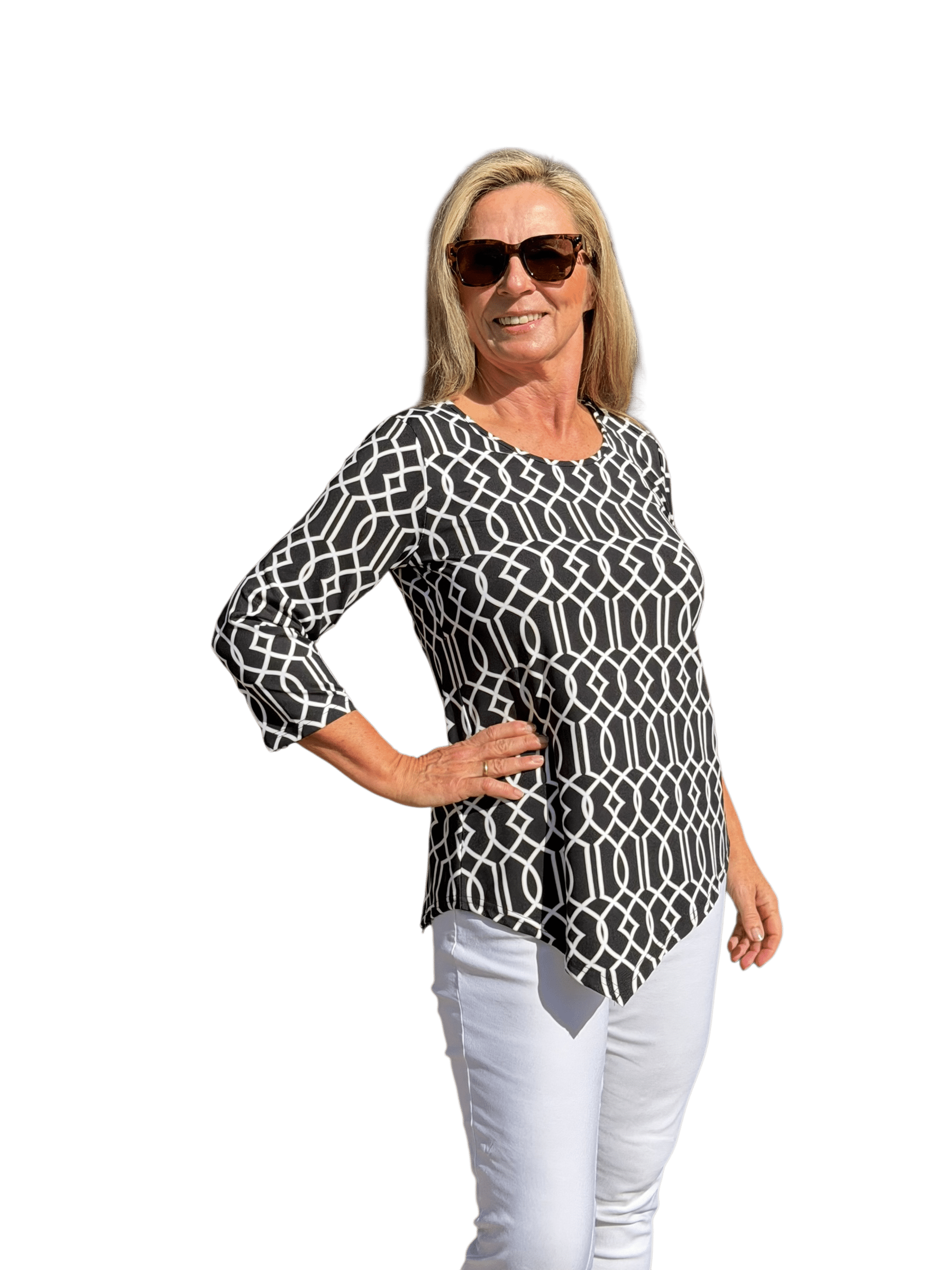 Asymmetrical Hemline Top with UPF50+ Geometric Lines Black - Back of the Bay Boutique