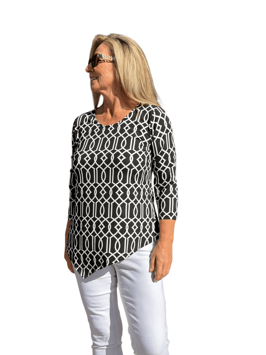 Asymmetrical Hemline Top with UPF50+ Geometric Lines Black - Back of the Bay Boutique