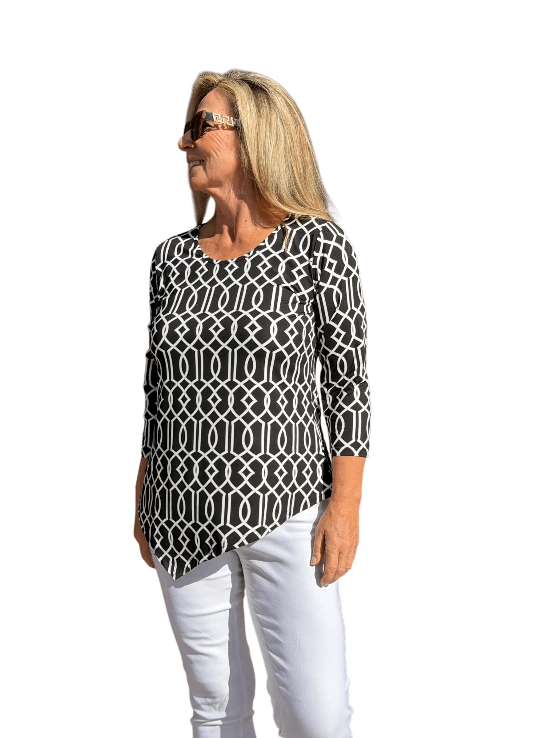Asymmetrical Hemline Top with UPF50+ Geometric Lines Black - Back of the Bay Boutique