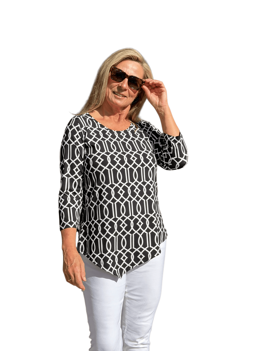 Asymmetrical Hemline Top with UPF50+ Geometric Lines Black - Back of the Bay Boutique