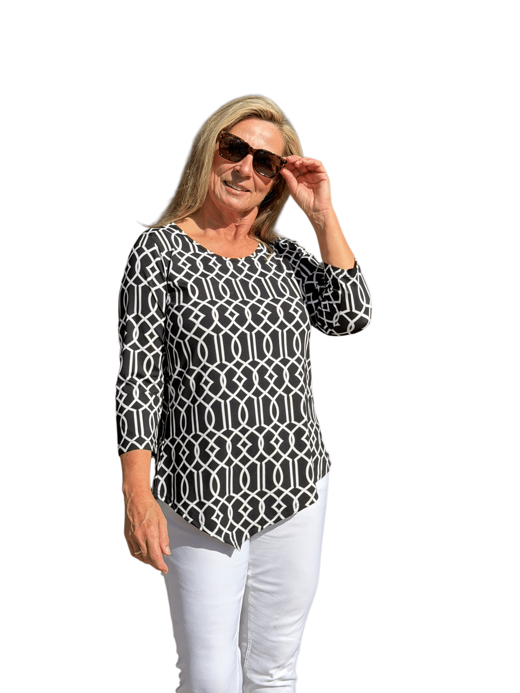Asymmetrical Hemline Top with UPF50+ Geometric Lines Black - Back of the Bay Boutique