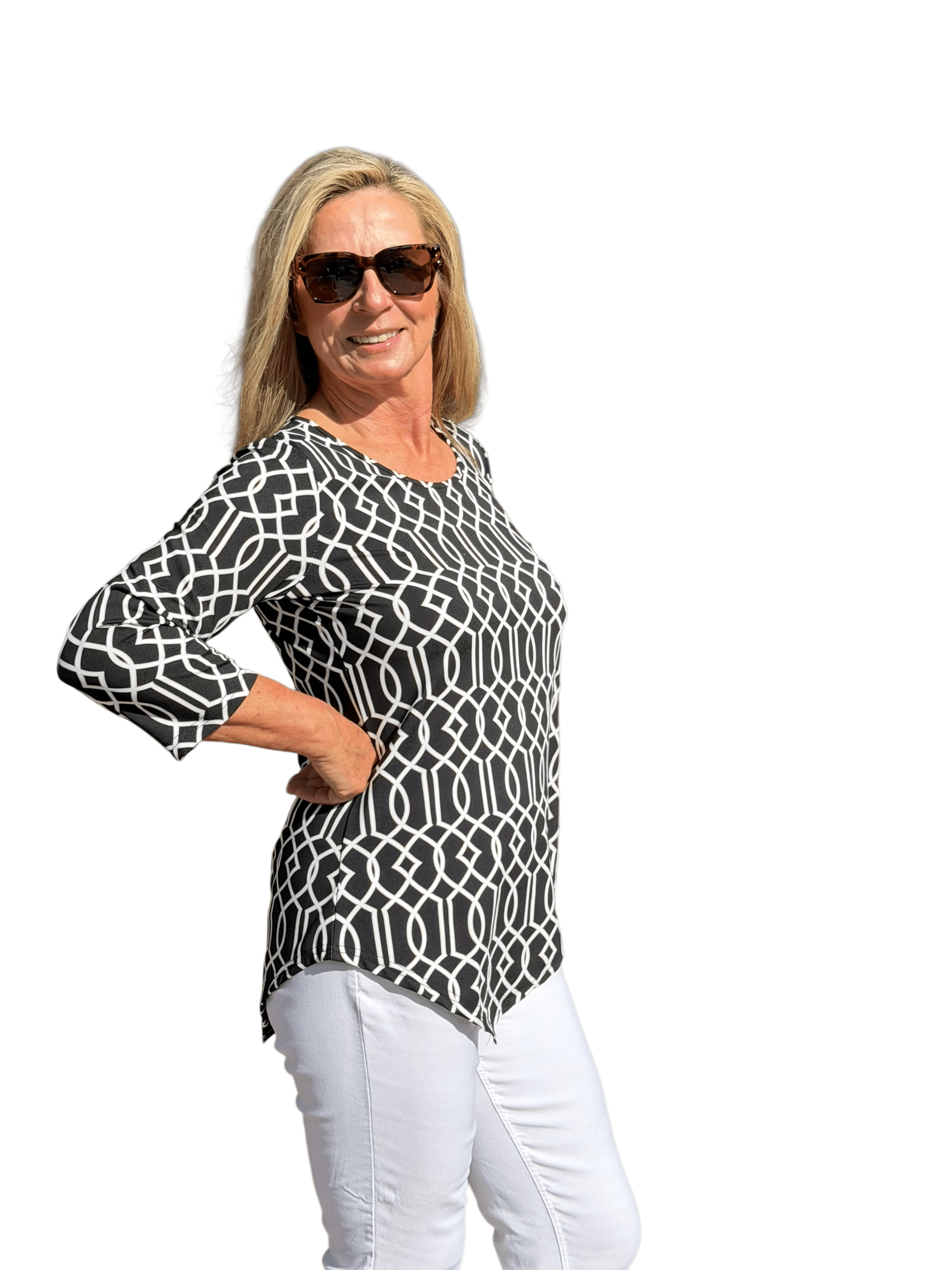 Asymmetrical Hemline Top with UPF50+ Geometric Lines Black - Back of the Bay Boutique