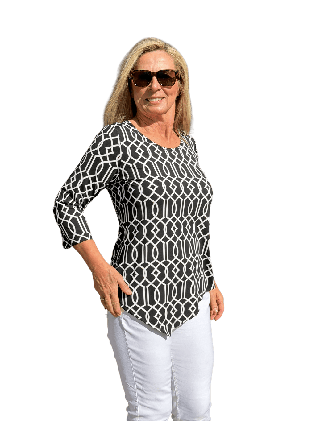 Asymmetrical Hemline Top with UPF50+ Geometric Lines Black - Back of the Bay Boutique
