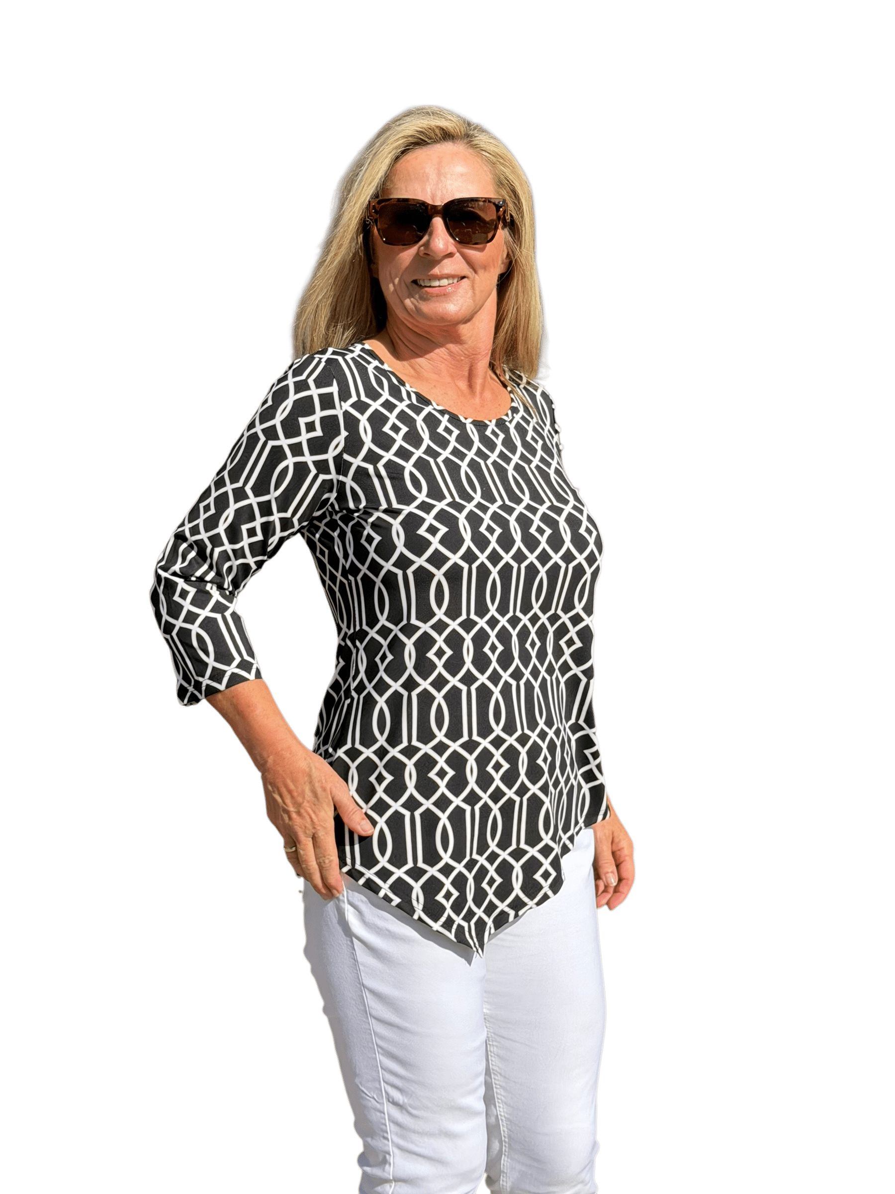 Asymmetrical Hemline Top with UPF50+ Geometric Lines Black - Back of the Bay Boutique