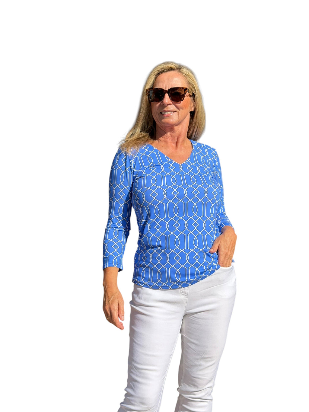 V - Neck Top with UPF50+ Geometric Lines Peri - Back of the Bay Boutique