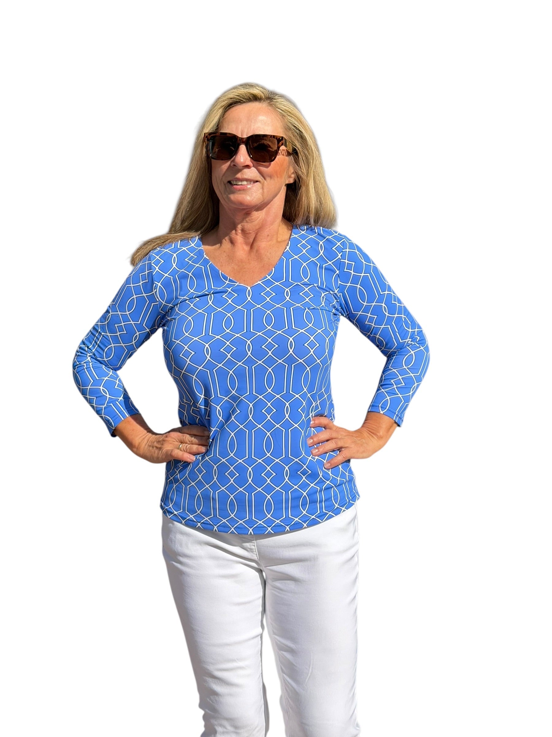 V - Neck Top with UPF50+ Geometric Lines Peri - Back of the Bay Boutique