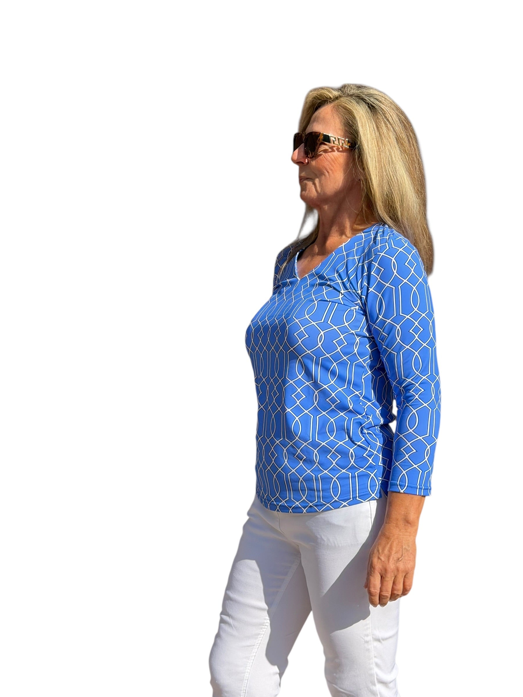 V - Neck Top with UPF50+ Geometric Lines Peri - Back of the Bay Boutique