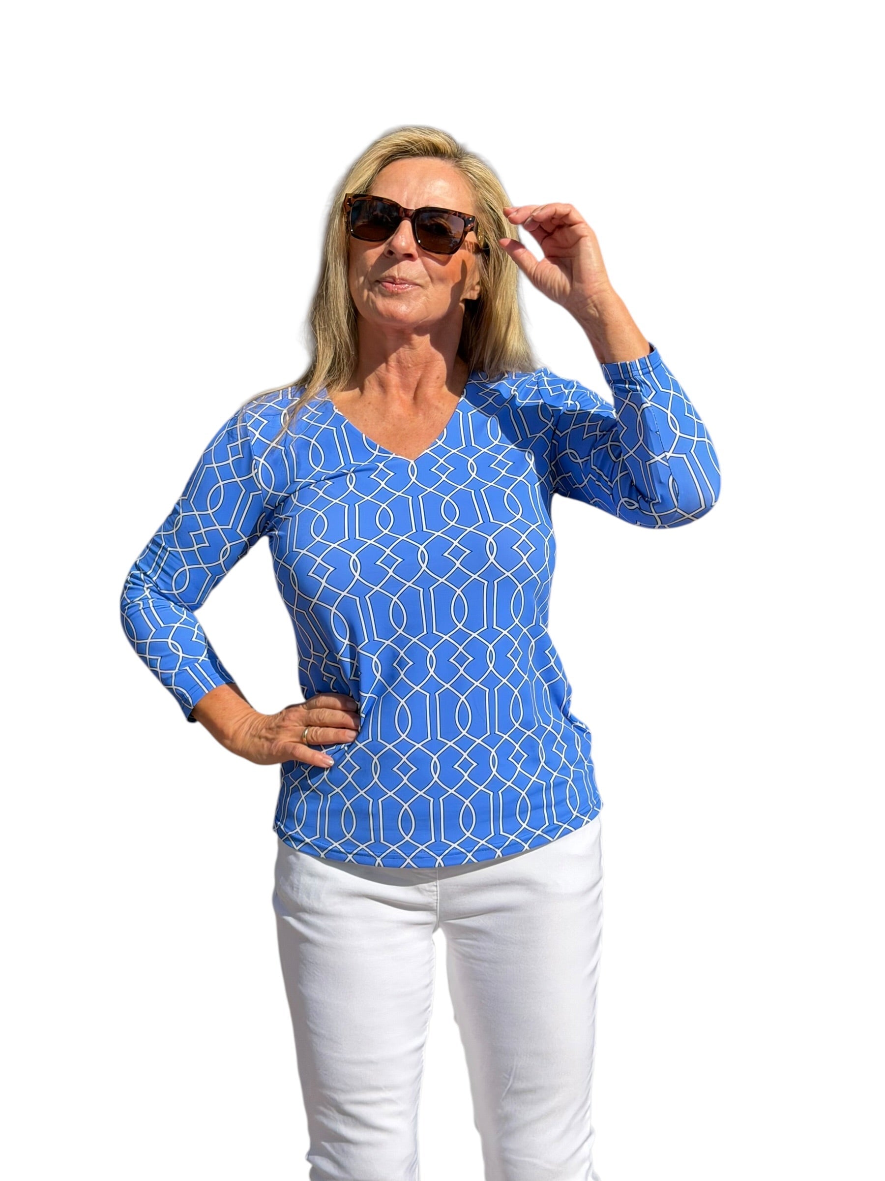 V - Neck Top with UPF50+ Geometric Lines Peri - Back of the Bay Boutique