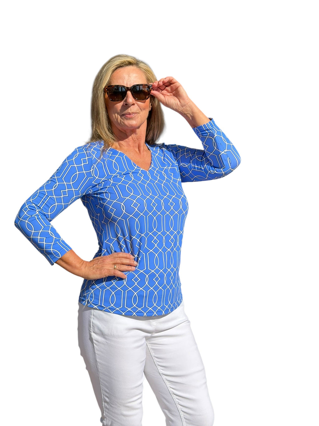 V - Neck Top with UPF50+ Geometric Lines Peri - Back of the Bay Boutique