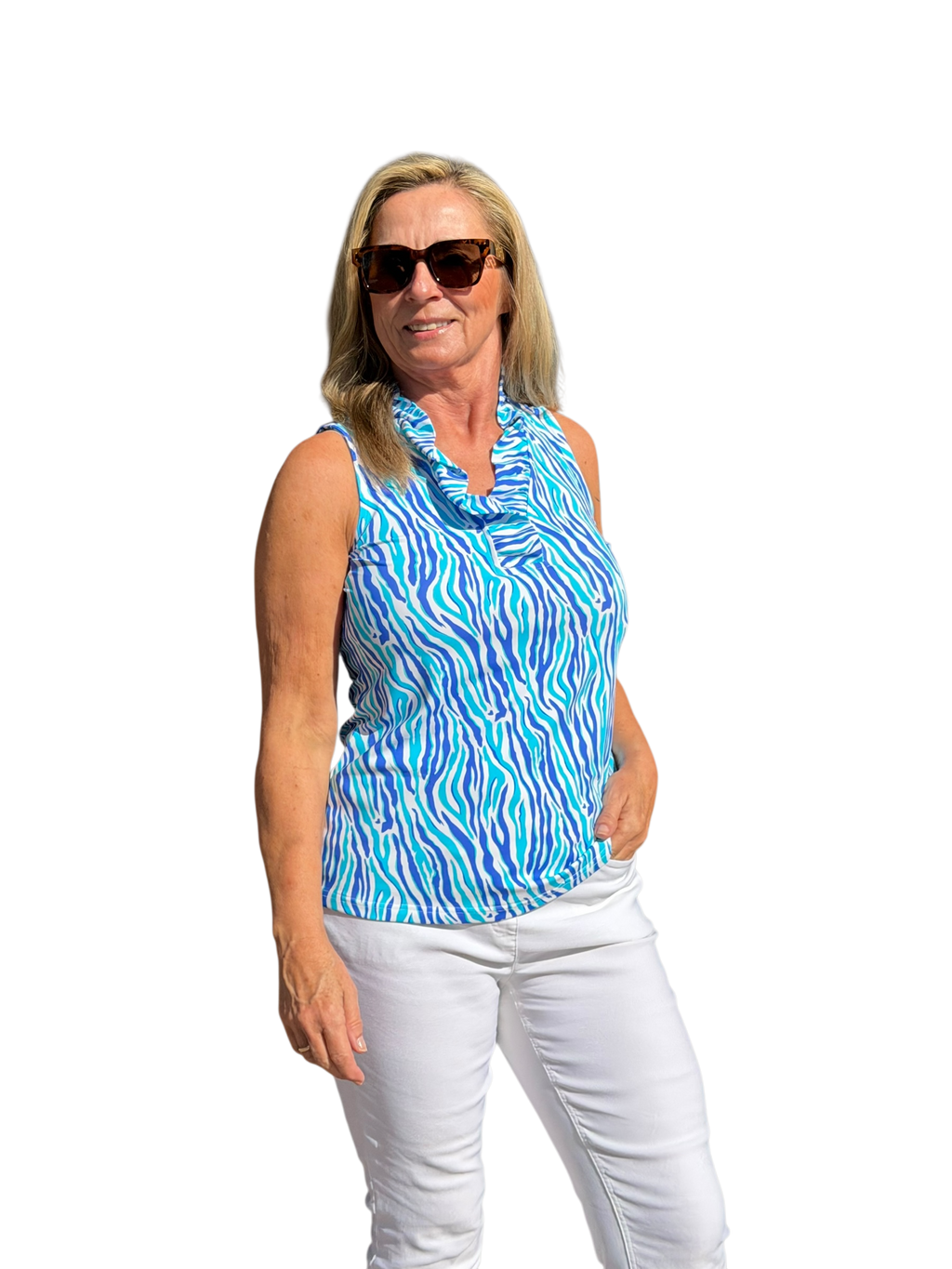 Ruffle - Neck Top with UPF50+ Blue Zebra - Back of the Bay Boutique