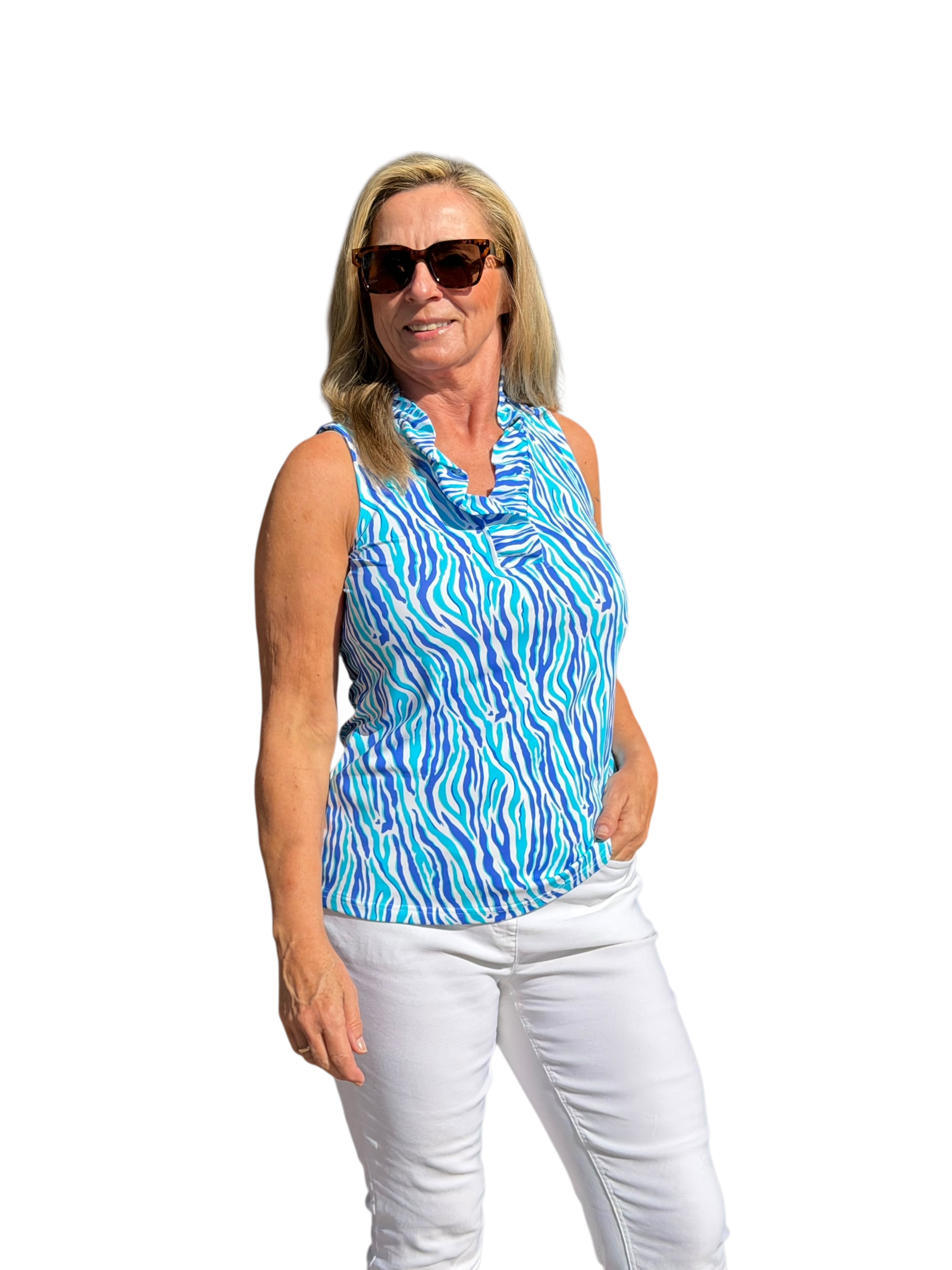 Ruffle - Neck Top with UPF50+ Blue Zebra - Back of the Bay Boutique