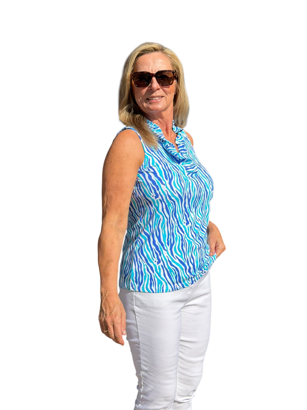 Ruffle - Neck Top with UPF50+ Blue Zebra - Back of the Bay Boutique