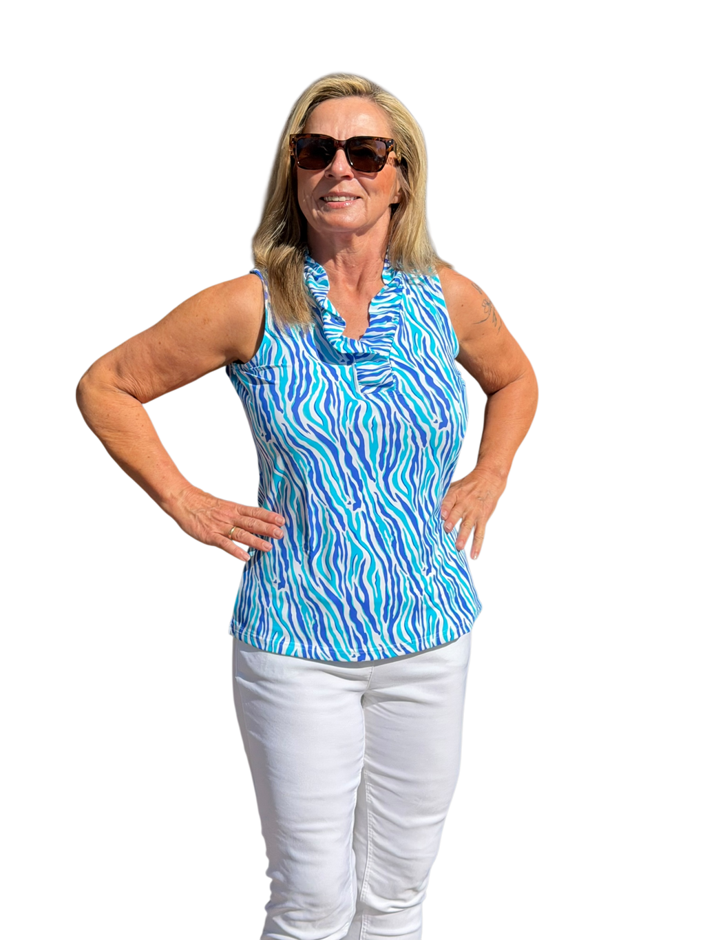 Ruffle - Neck Top with UPF50+ Blue Zebra - Back of the Bay Boutique