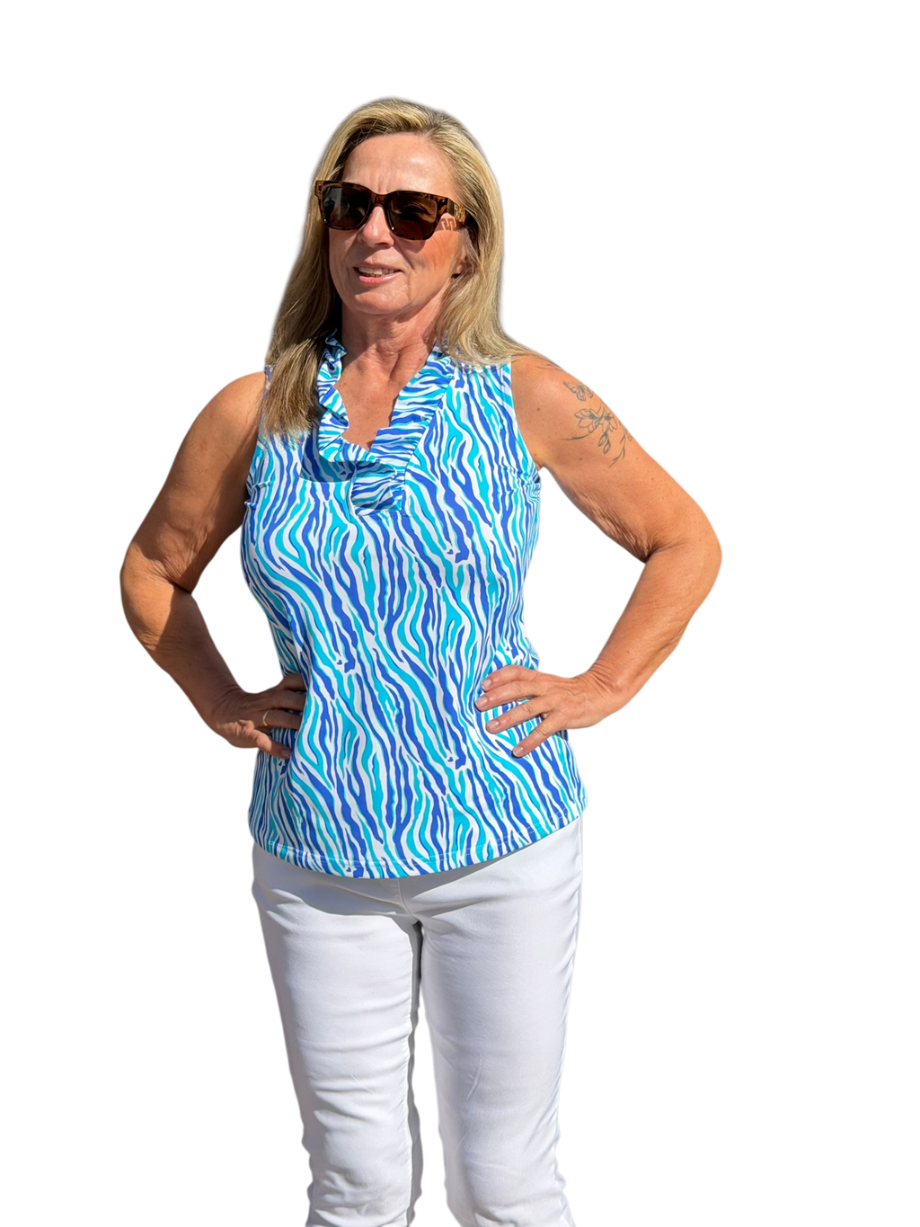 Ruffle - Neck Top with UPF50+ Blue Zebra - Back of the Bay Boutique