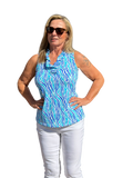 Ruffle - Neck Top with UPF50+ Blue Zebra - Back of the Bay Boutique