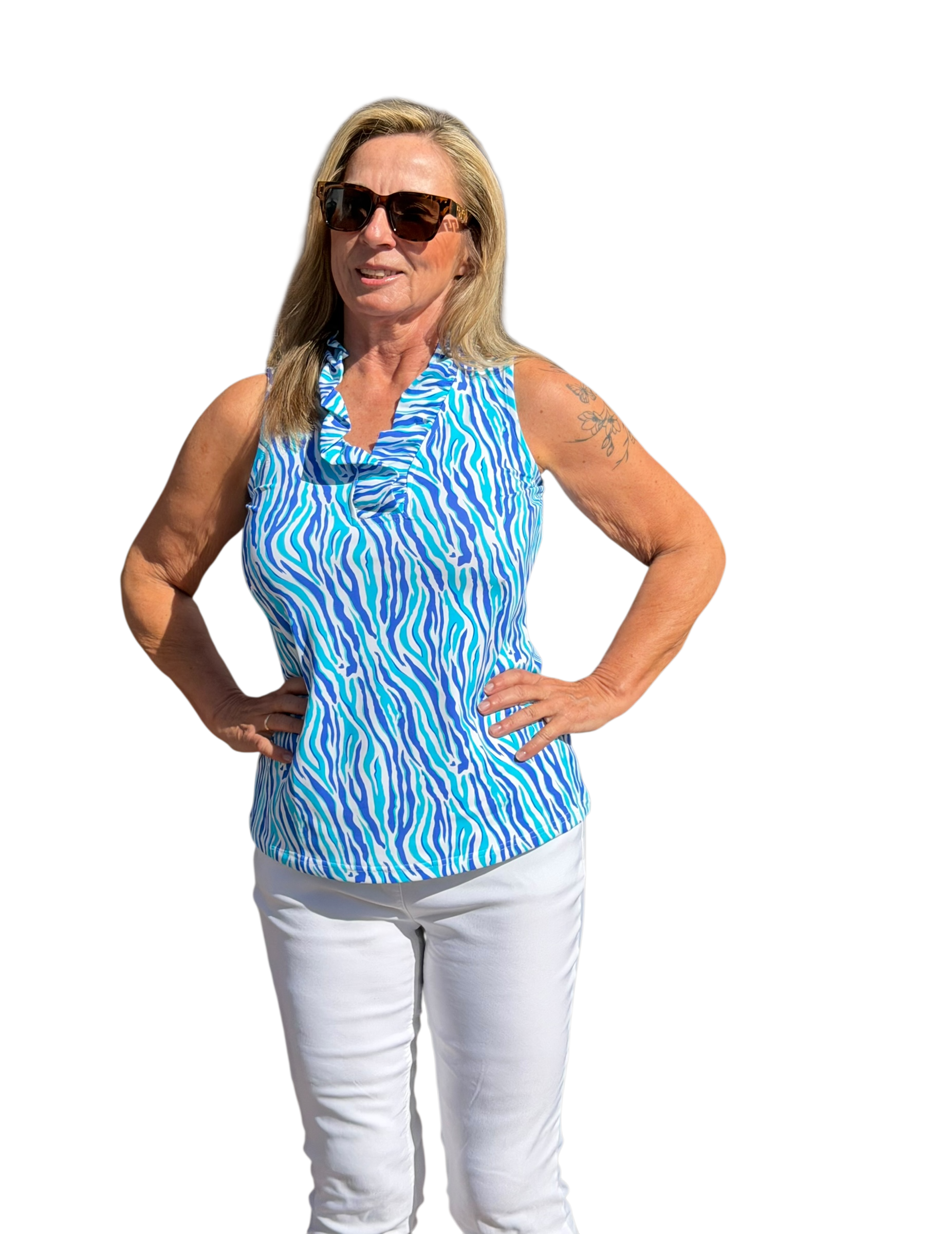 Ruffle - Neck Top with UPF50+ Blue Zebra - Back of the Bay Boutique