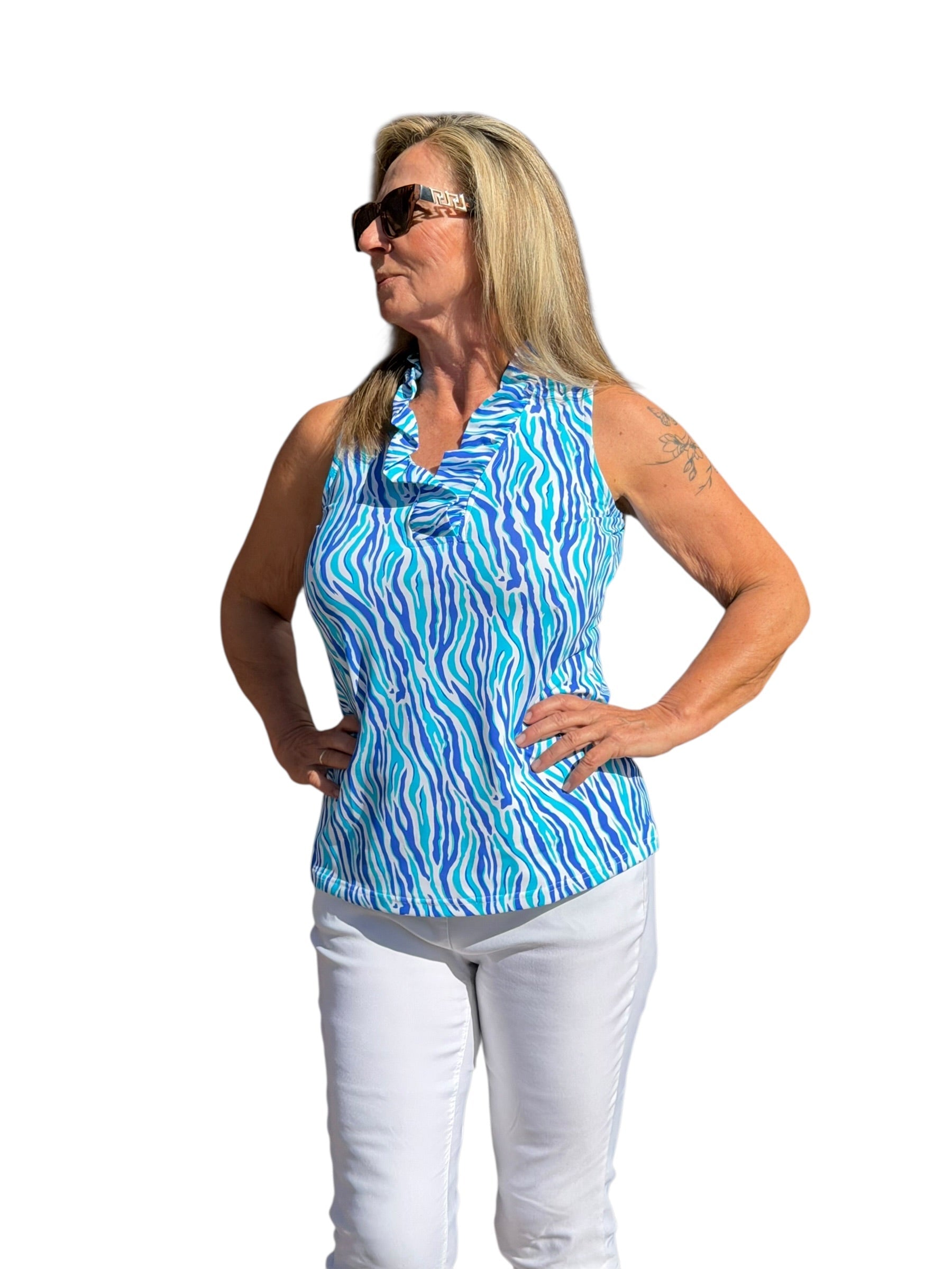Ruffle - Neck Top with UPF50+ Blue Zebra - Back of the Bay Boutique
