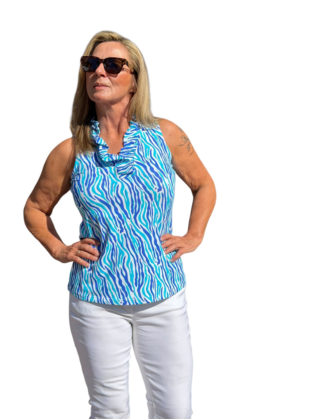 Ruffle - Neck Top with UPF50+ Blue Zebra - Back of the Bay Boutique
